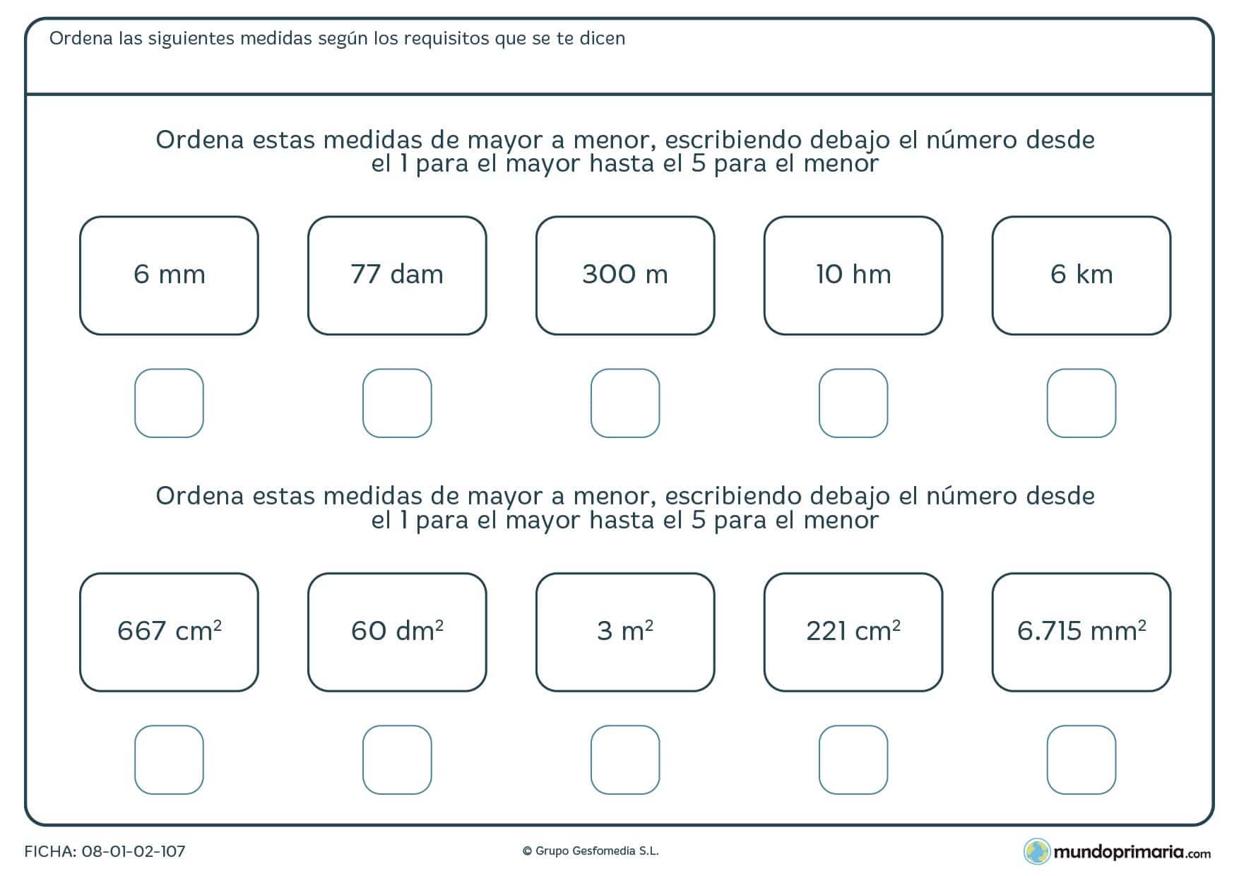 Ficha de medidas desde el mayor al menor con cantidades que tienen difieren