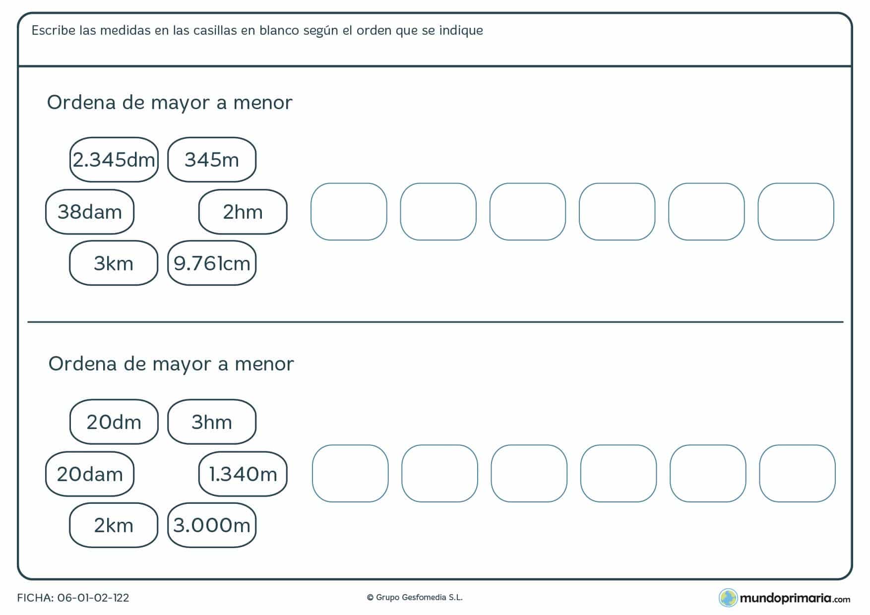 Ficha de medidas en orden de mayor a menor para que sean correctas.