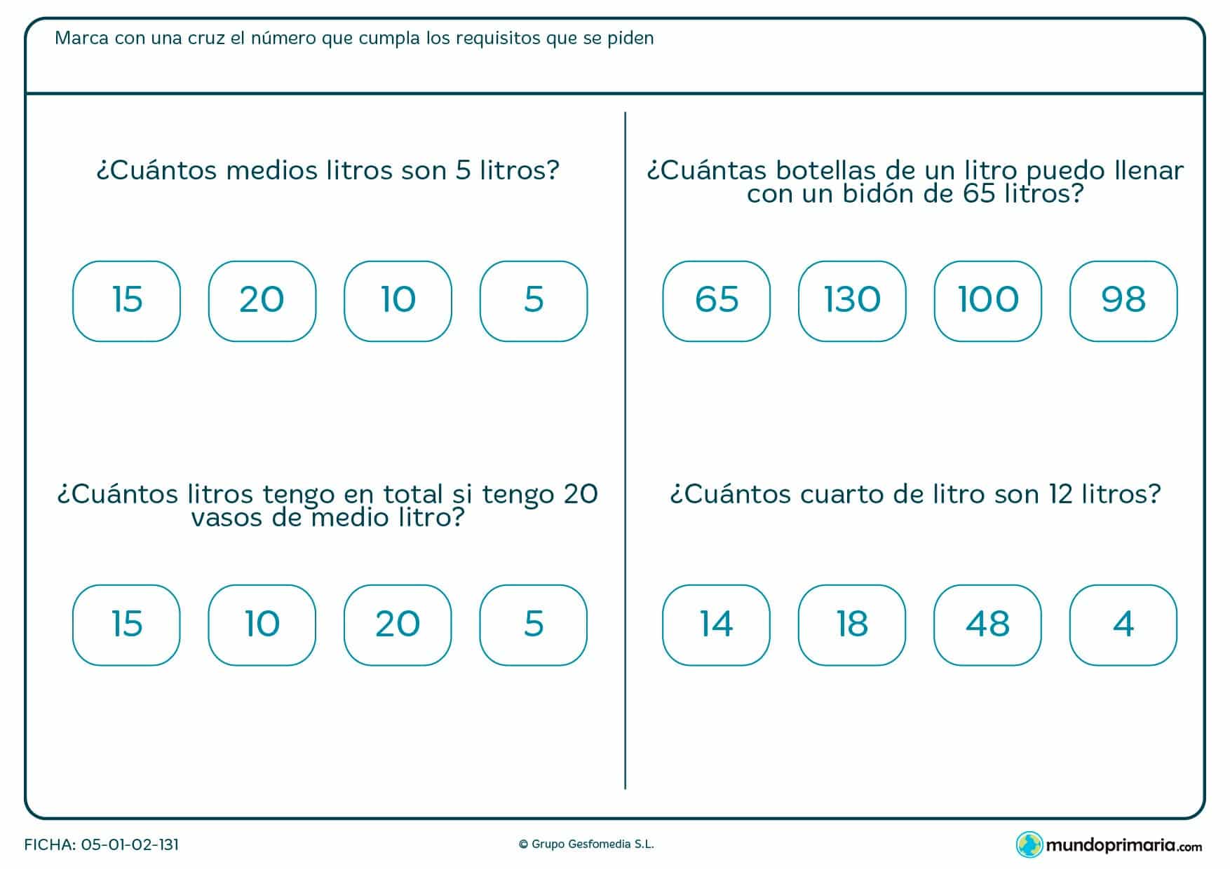 Ficha de medios litros y equivalencias con litros llevados a ejemplos de la vida cotidianos.