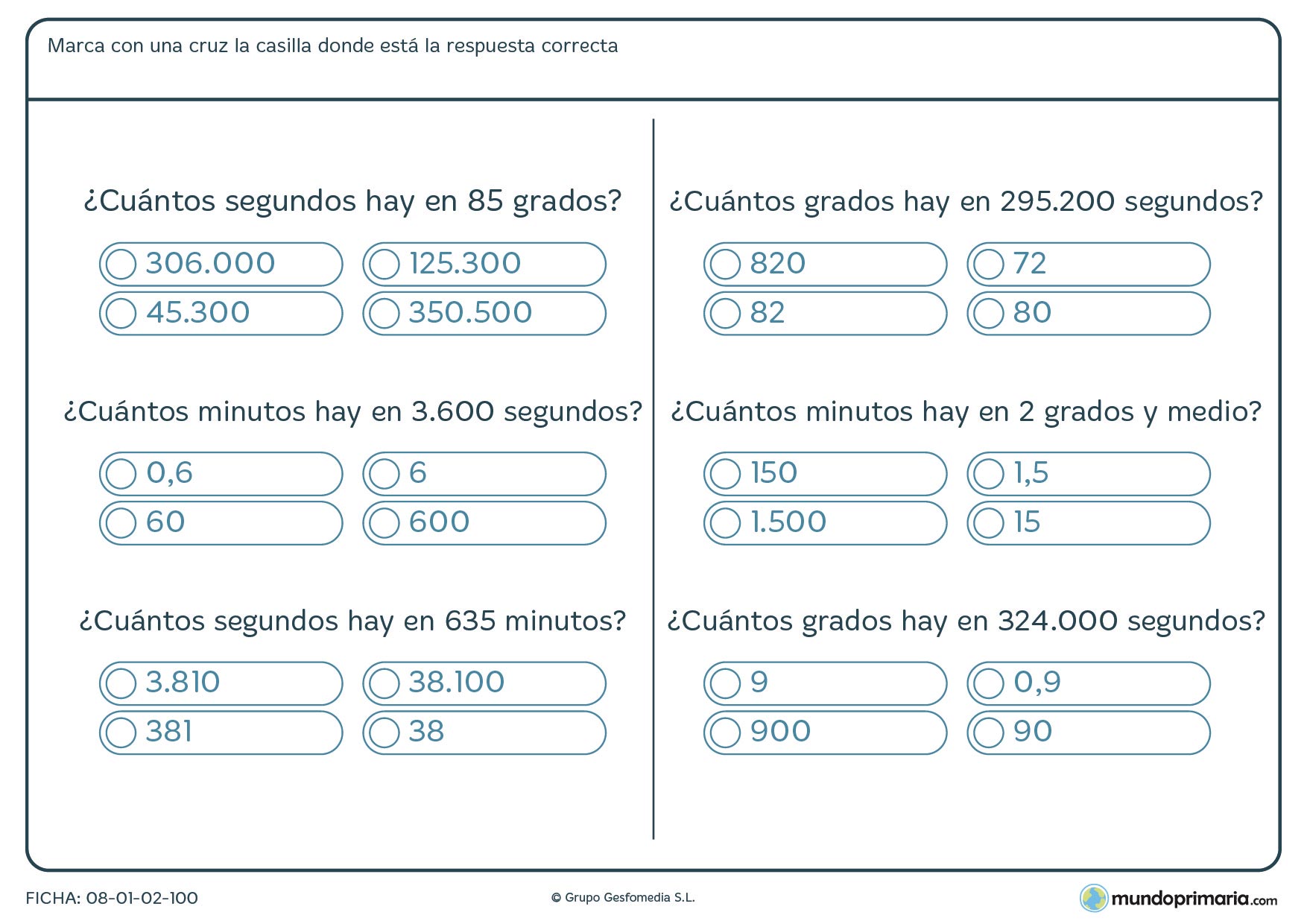 Ficha de medir ángulos y sacar las equivalencias que te pedimos, ya sea de grados a minutos o a segundos.