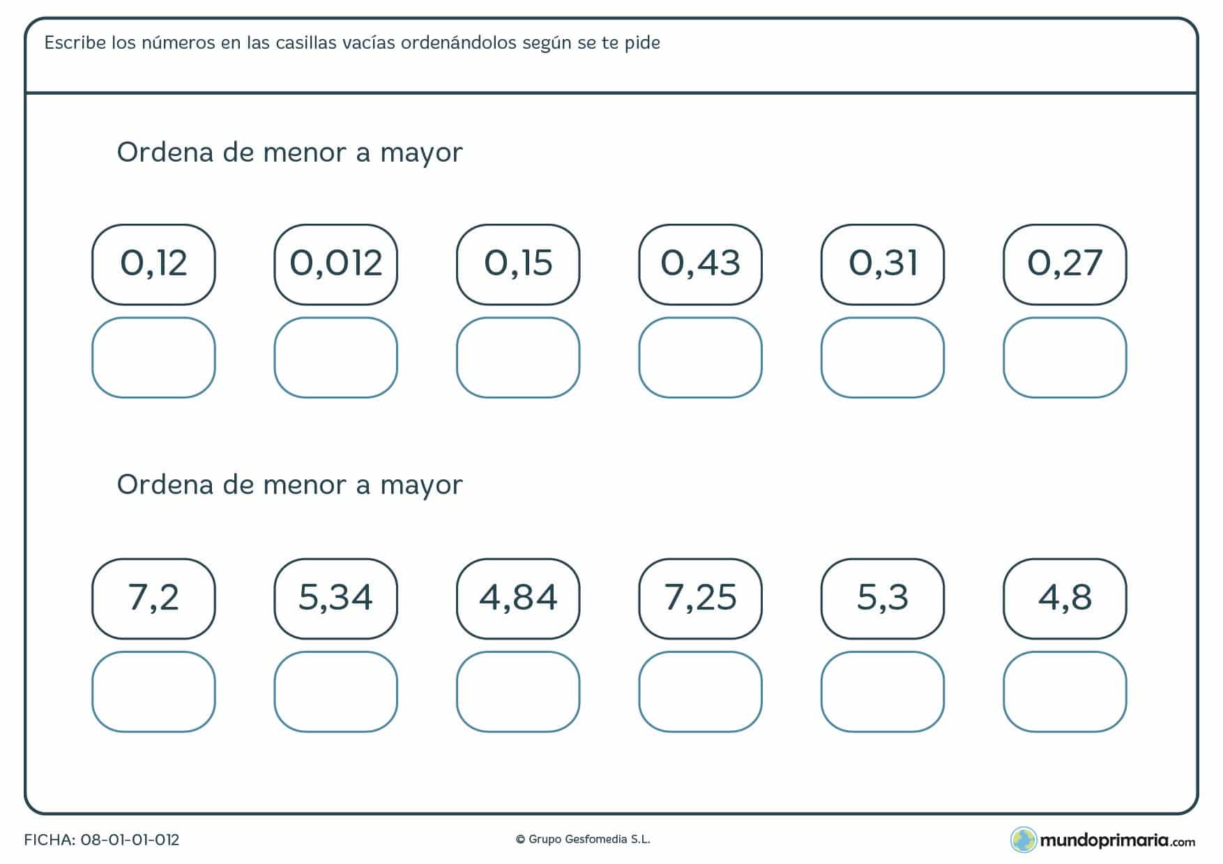 Ficha de menor a mayor con 2 decimales de mayor a menor en las casillas vacías de contenido.