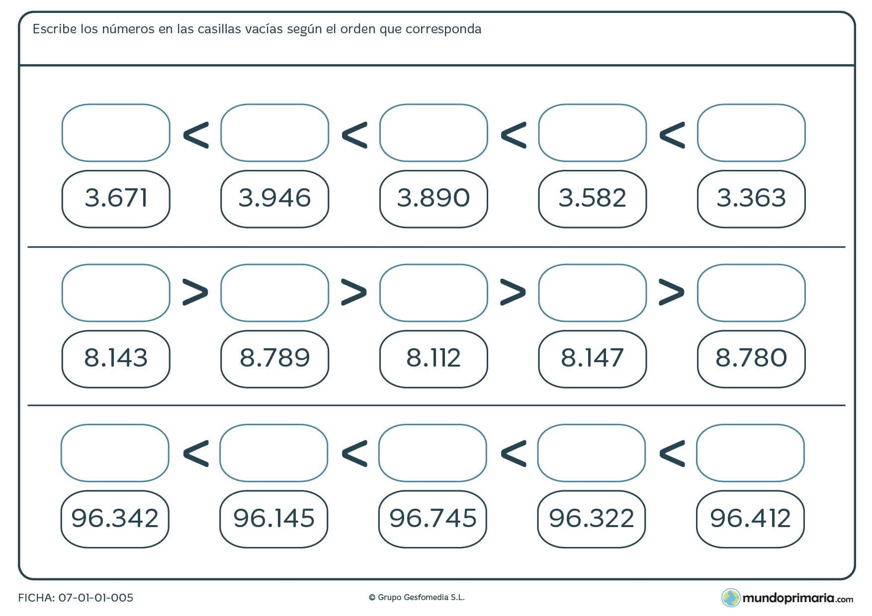 Ficha de menor a mayor números de 5 cifras completando los huecos en blanco de mayor a menor.