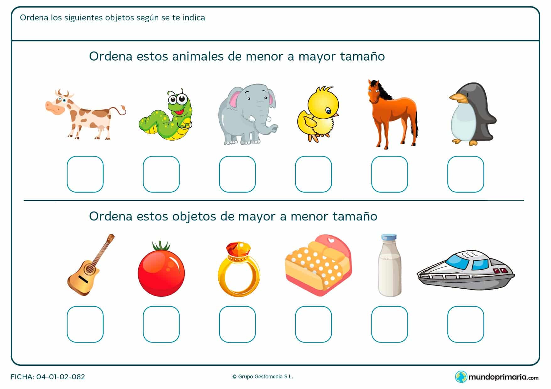 Ficha de menor a mayor tamaño entre aimales o cosas. Ordénalas según se te pide.