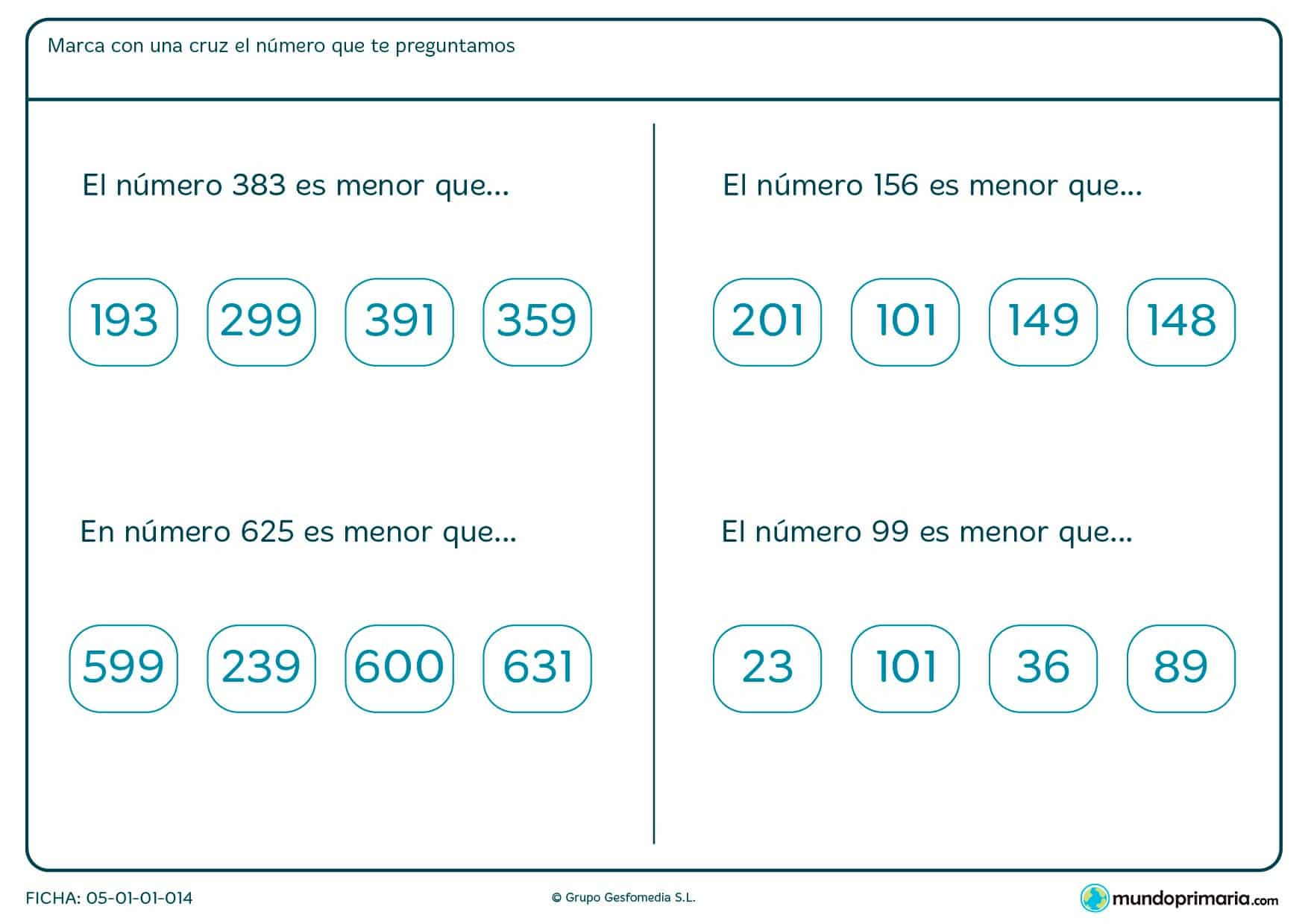 Ficha de menor que el número que te mostramos y que has de señalar el correcto.