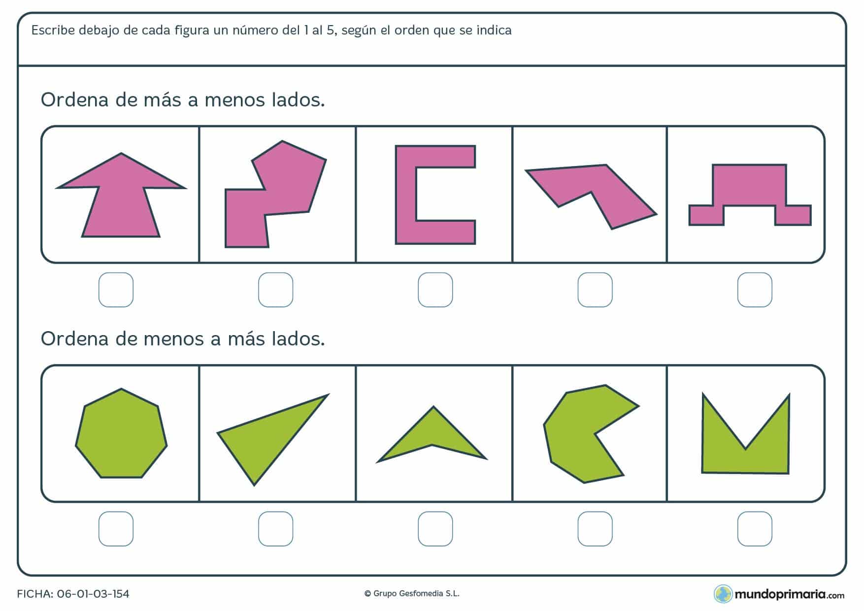 Ficha de menos a más lados, para contar lados y ordenar según el criterio que se indica en la pregunta.