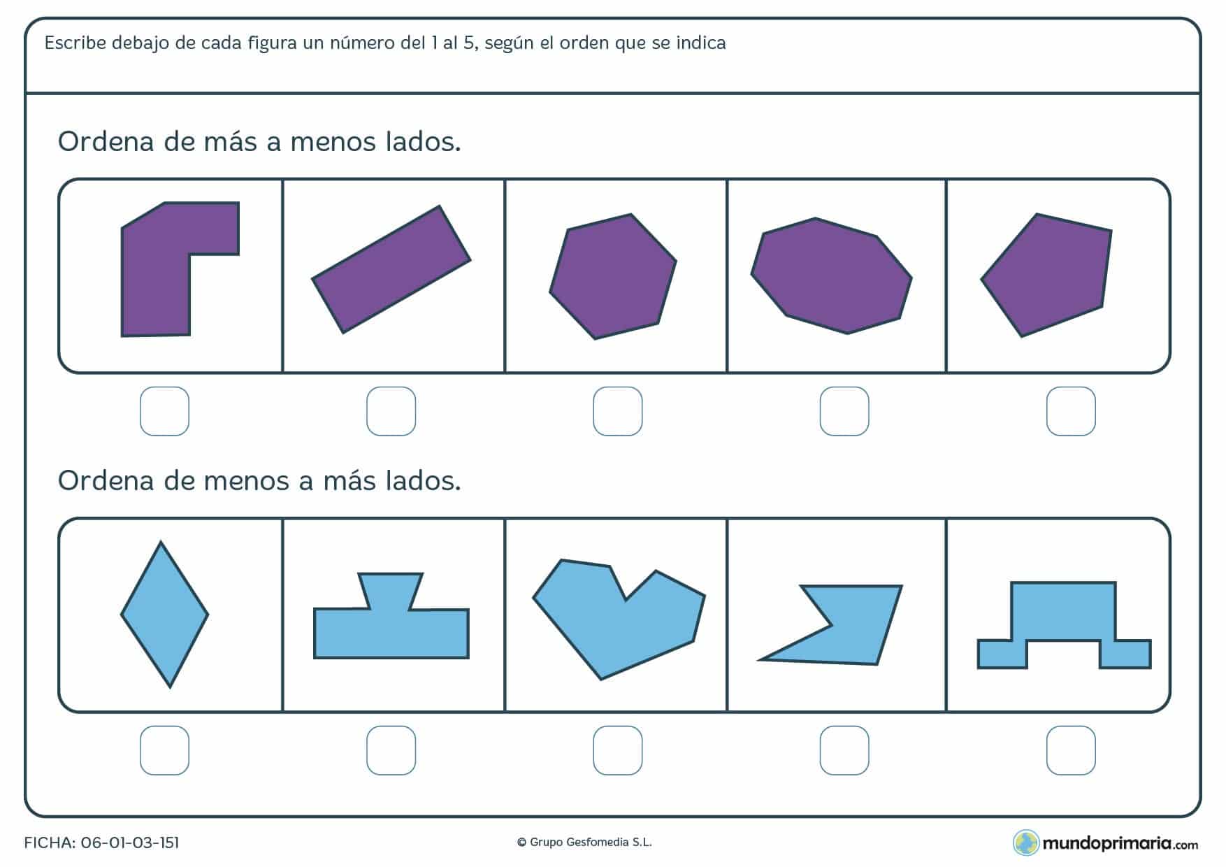 Ficha de menos lados a más y viceversa en la que tienes que ordenarlos una vez has contado sus lados.