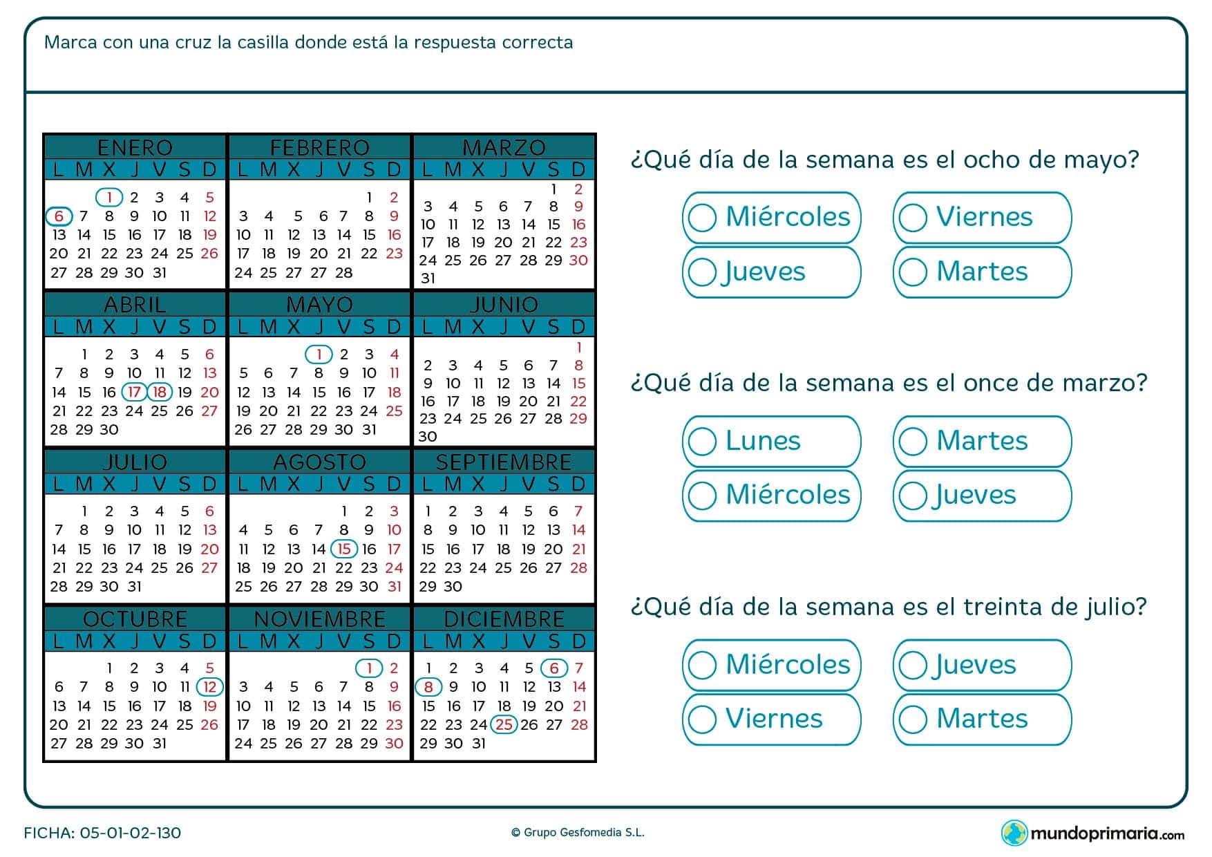 Ficha de meses del calendario en el que deberás que día de la semana es un día concreto del año, te damos el número y el mes.