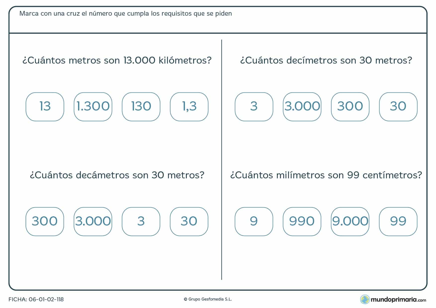 Ficha de metros correspondientes para que señales la respuesta que creas correcta sobre estas equivalencias.