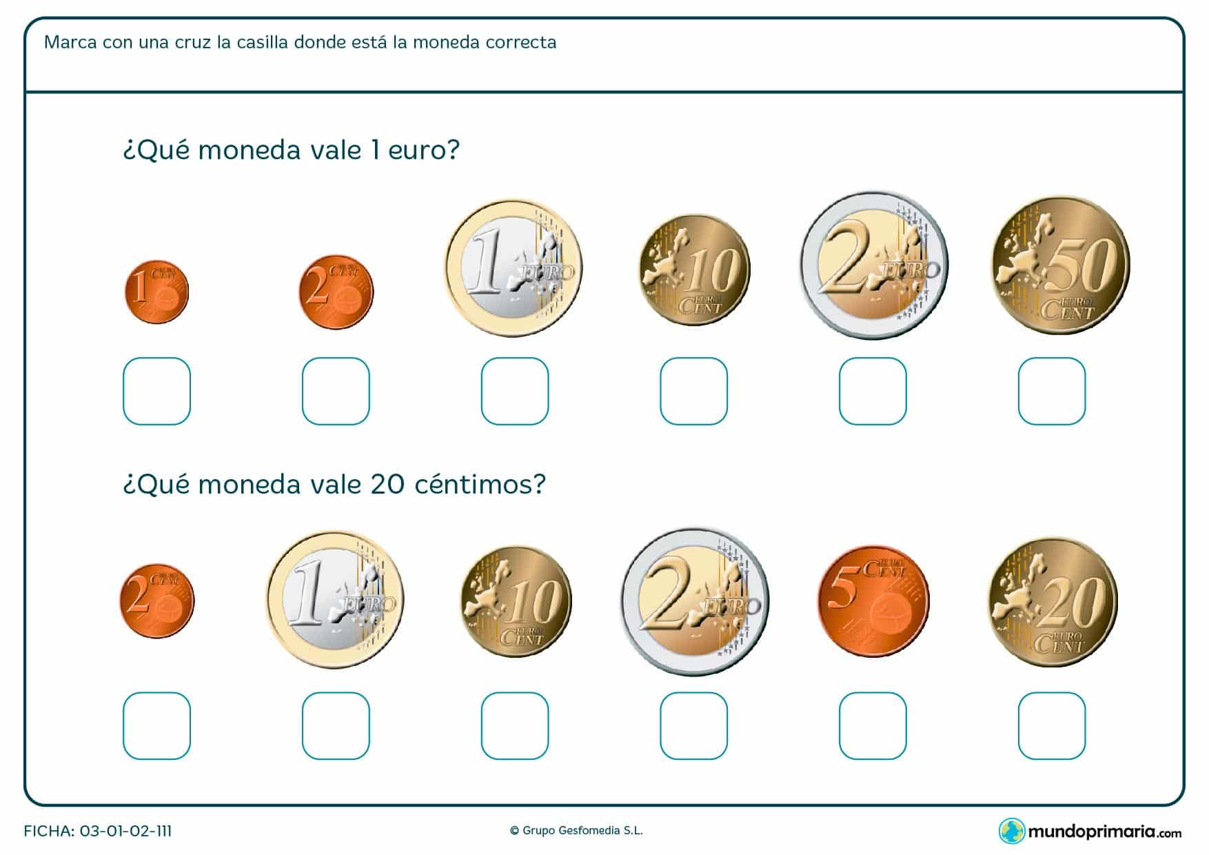 Ficha de monedas de 1 euro en la que deberás señalar cuál corresponde a 1 euro y cuál a 20 céntimos.