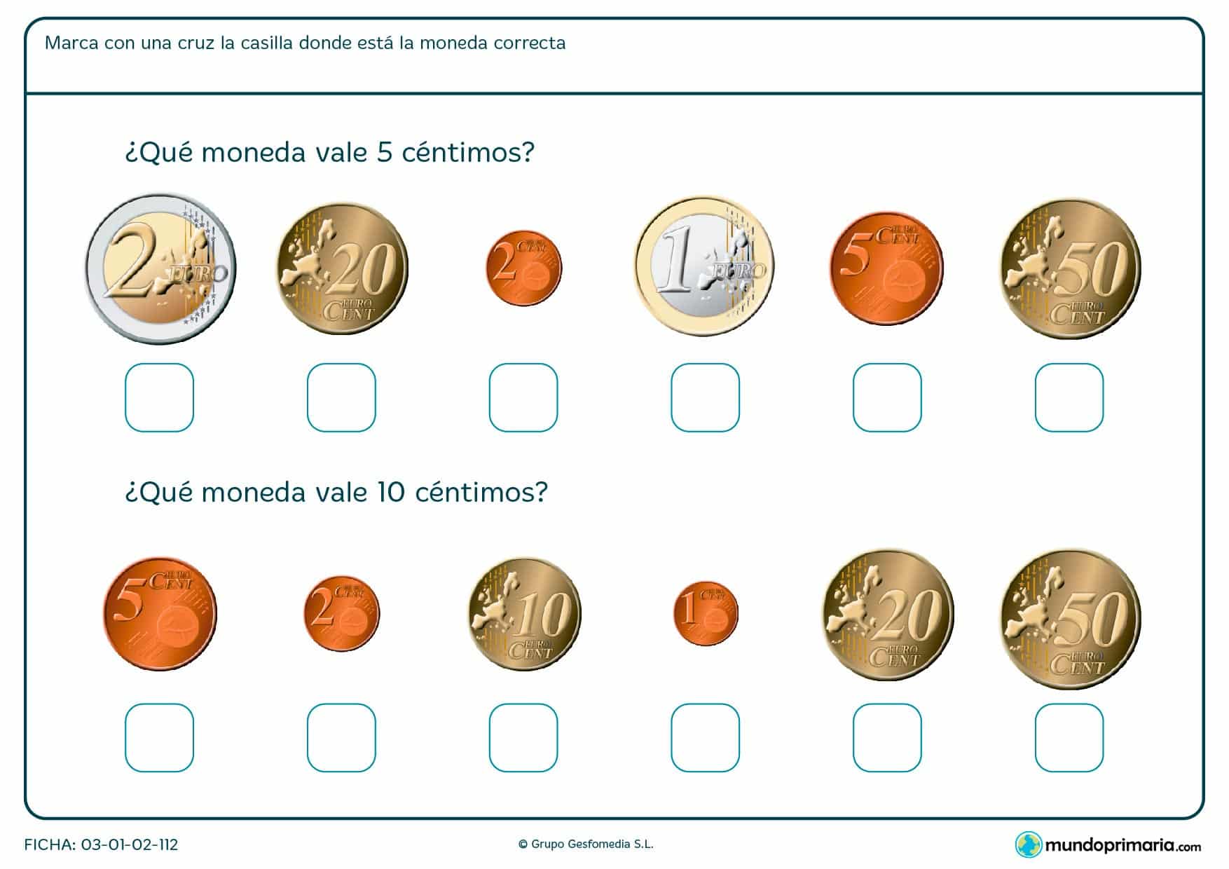 Ficha de monedas de 5 céntimos y 10 céntimos, búscalas y márcalas con una x.