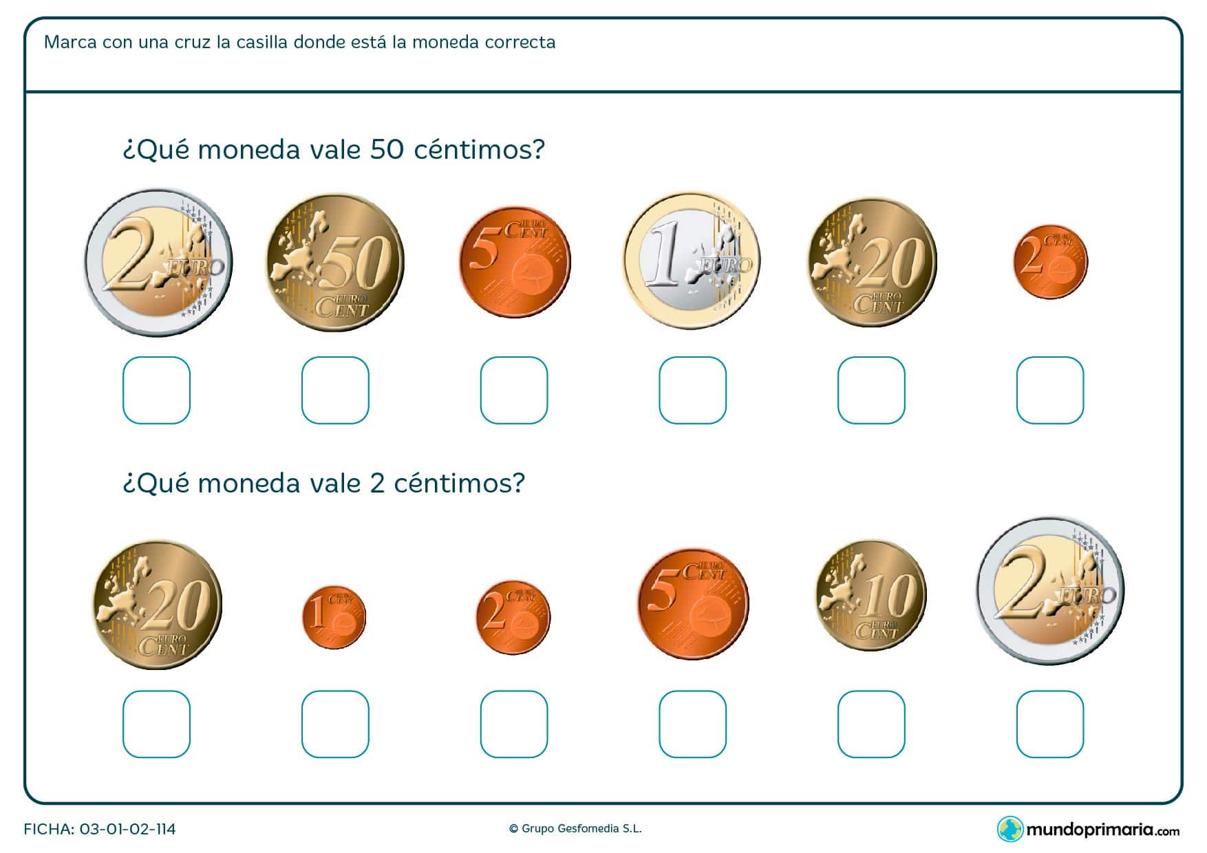 Ficha de monedas de 50 céntimos y 2 céntimos, búscalas y márcalas con una x.