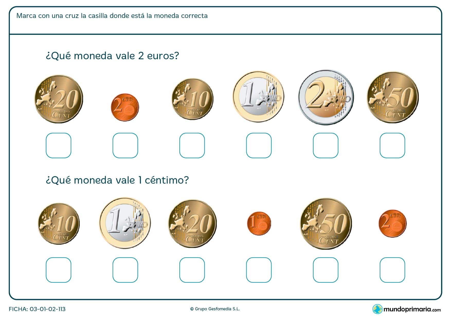 Ficha de monedas de euros en la que deberás señalar cuál corresponde a 2 euros y cuál a 1 céntimo.