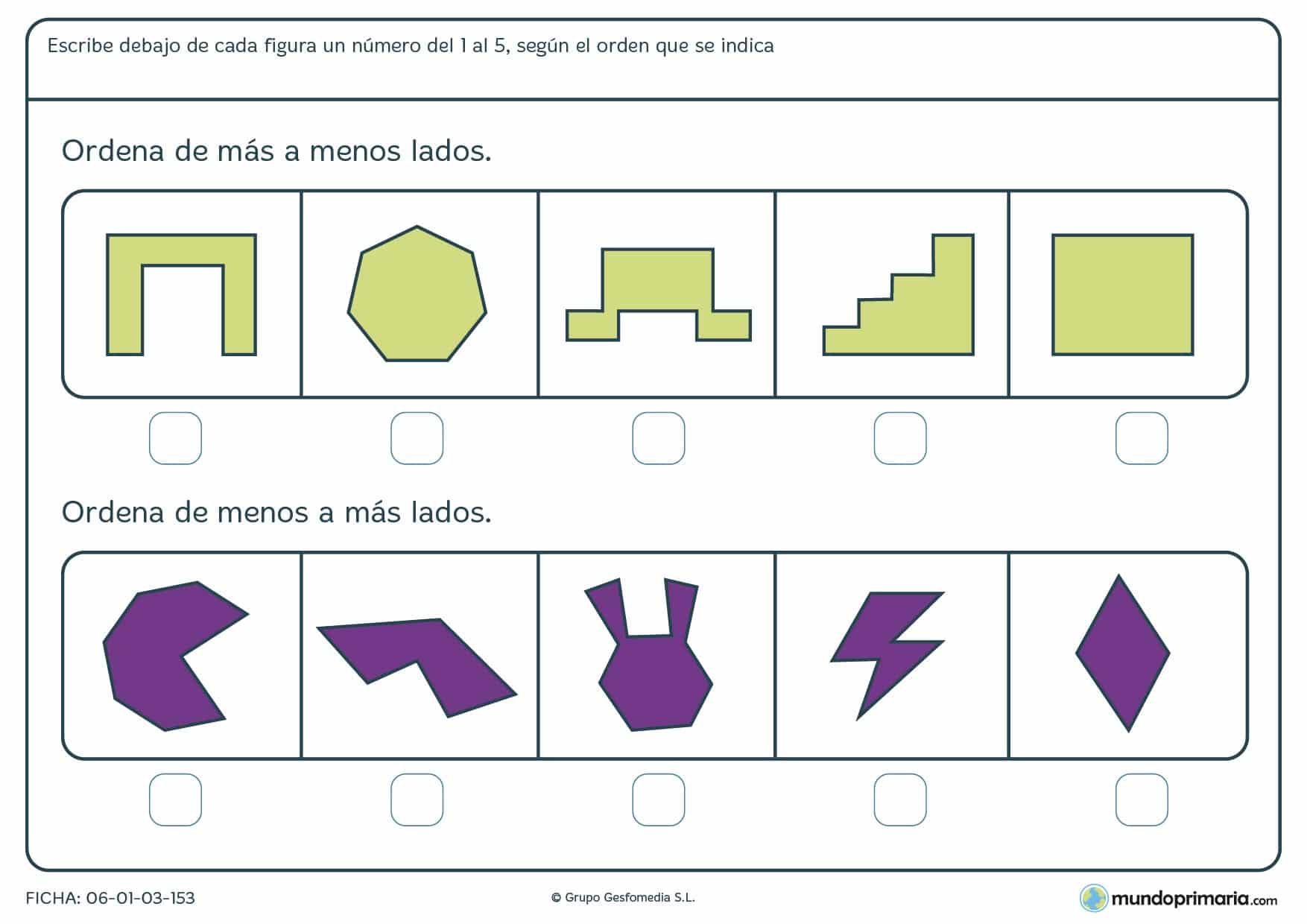 Ficha de más a menos lados para ordenar figuras de diferentes formas y de más o menos número de lados.