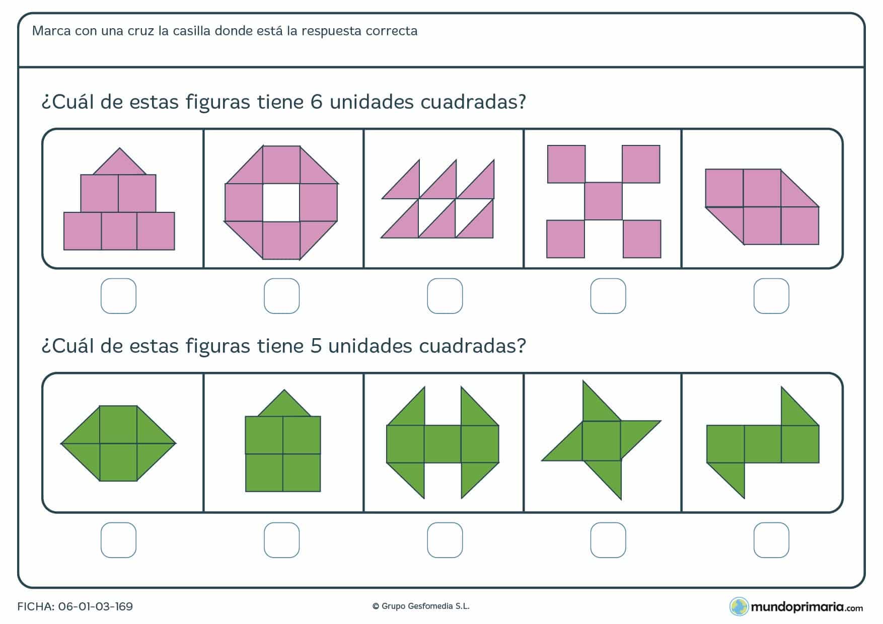 Ficha de número de unidades cuadradas y triangulares de las que tienes que hallar los cuadrados totales que las componen.