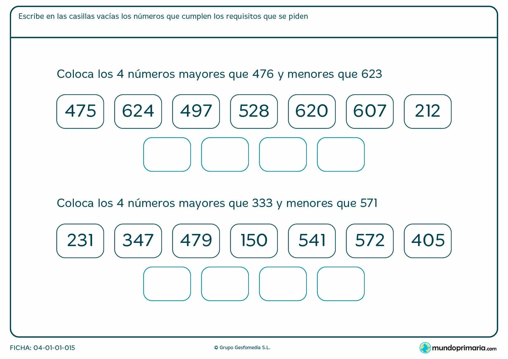 Ficha de números con tres cifras en los que habrás de colocarlo teniendo en cuenta que han de estar entre 2 números que te indicamos.