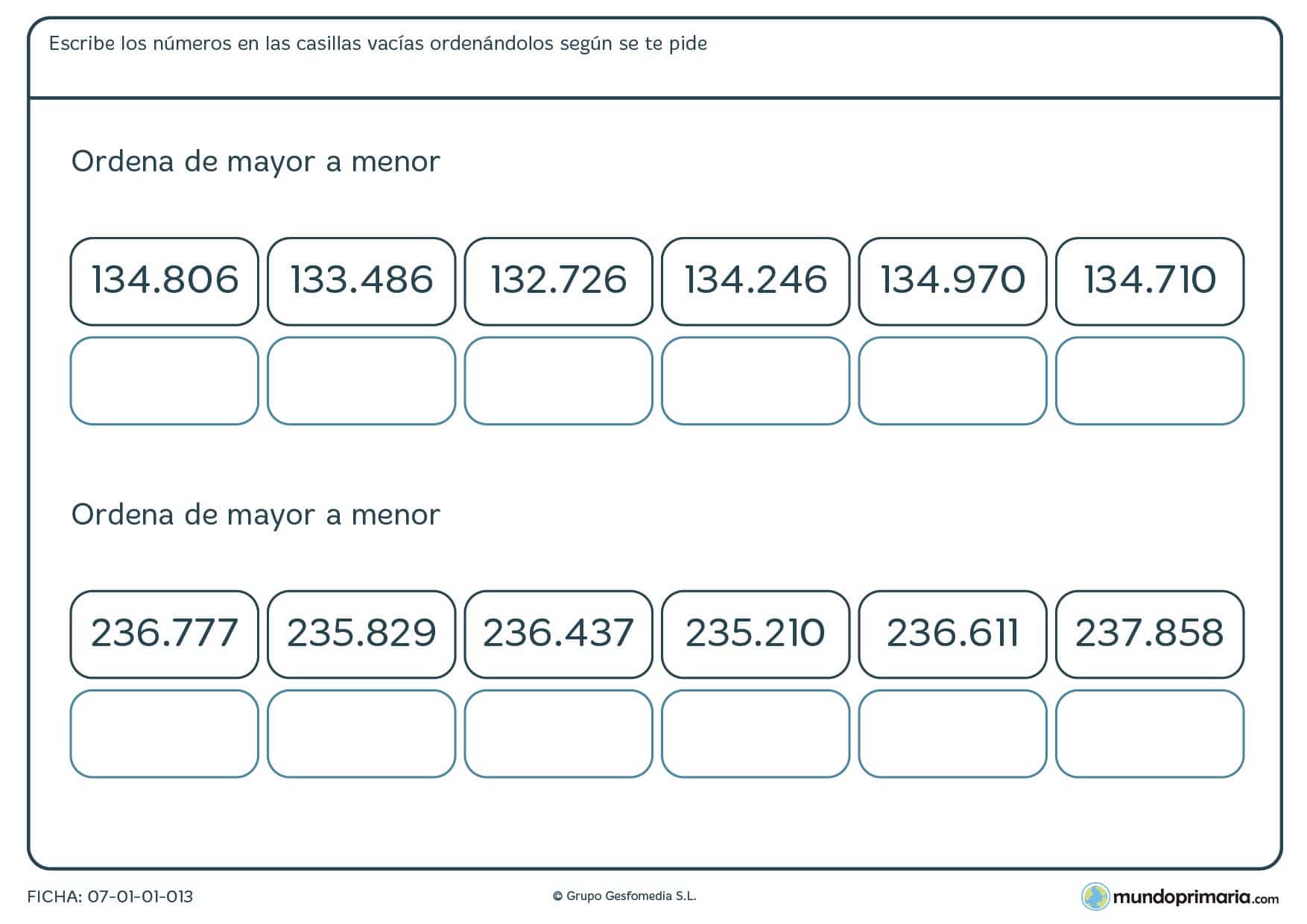 Ficha de números de 6 cifras de mayor a menor para colocarlos de forma correcta según te pide el enunciado.
