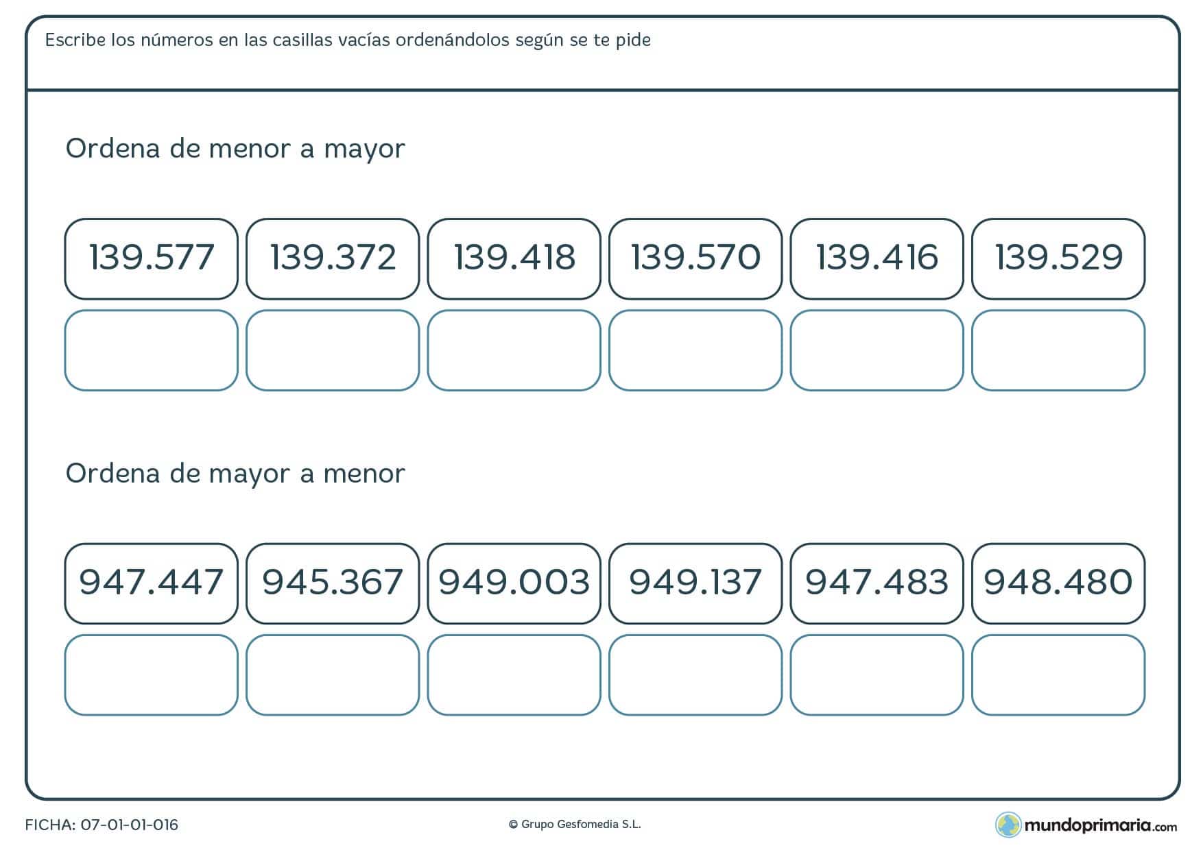 Ficha de números desde el menor al mayor en la que los tienes que colocar bien.
