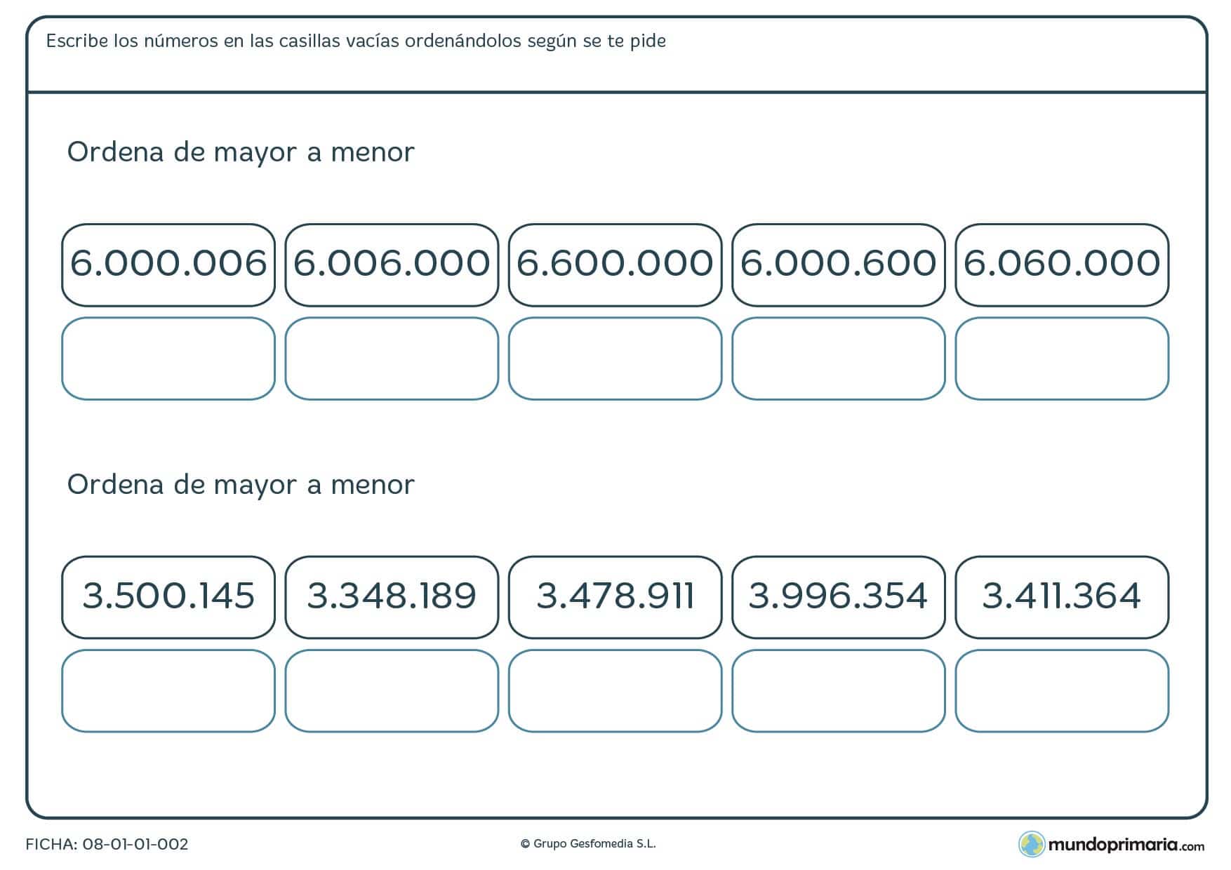 Ficha de organizar números de 7 cifras escribiéndolos en las casillas huecas, en orden de mayor a menor.