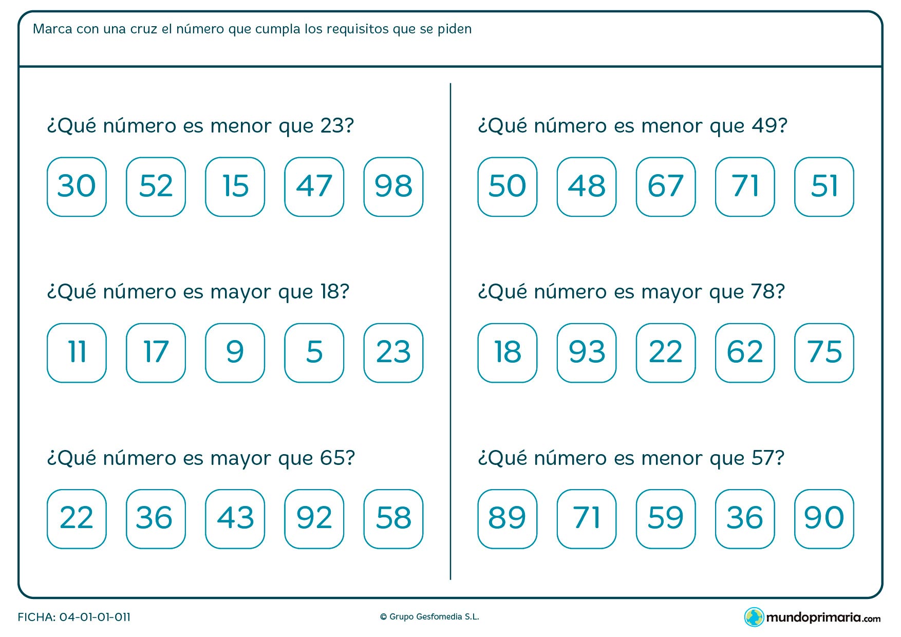 Ficha de números mayores o menores del que aparece en el enunciado.