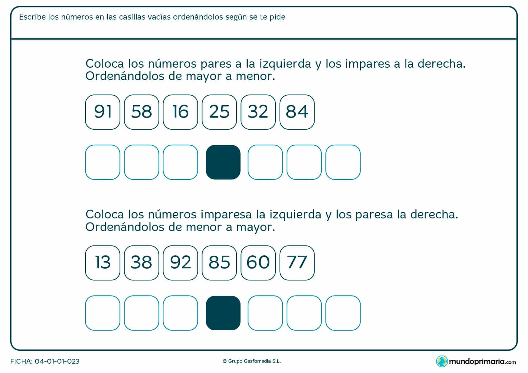 Ficha de números pares e impares y su clasificación atendiendo a los criterios que te marcamos.