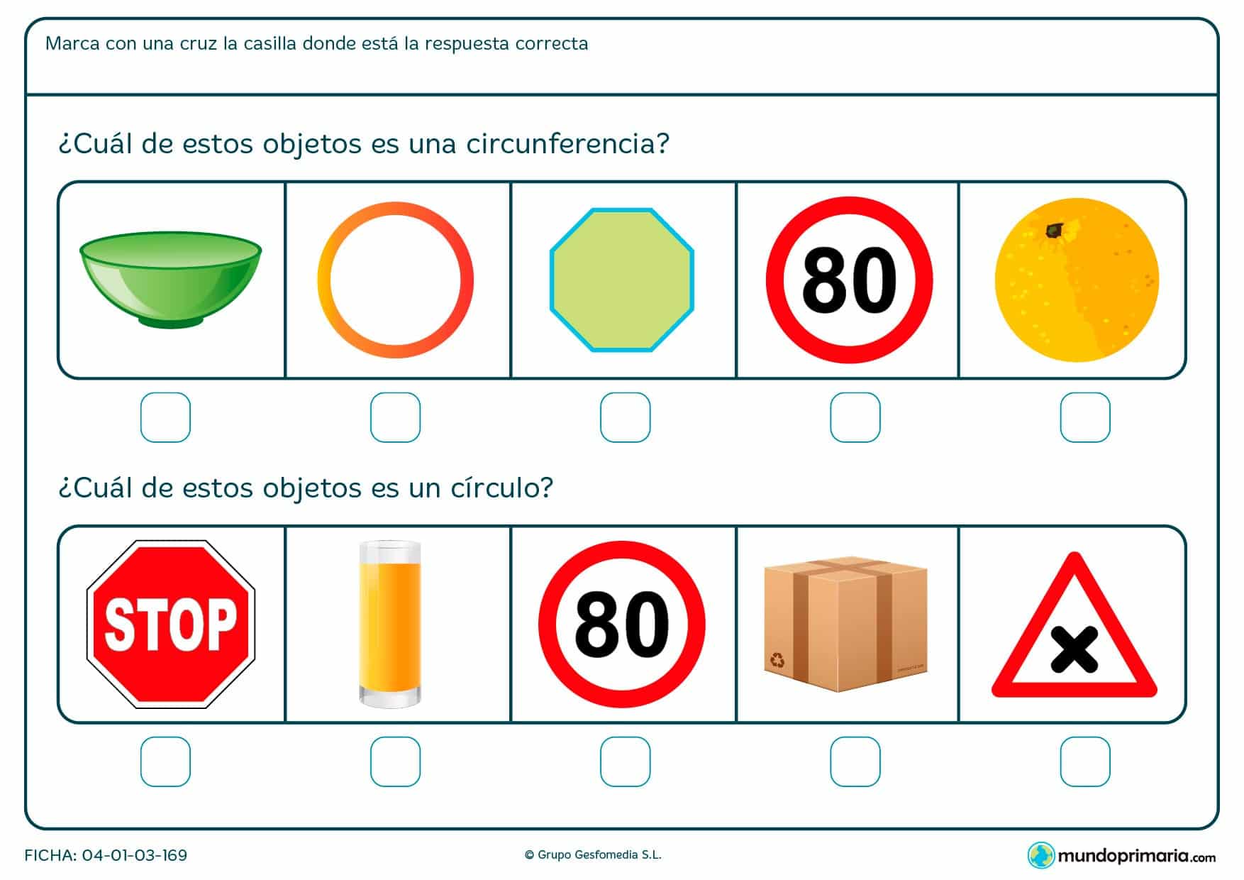 Ficha de objetos circulares con dibujos de objetos cotidianos de los que tienes que señalar los círculos y las circunferencias.