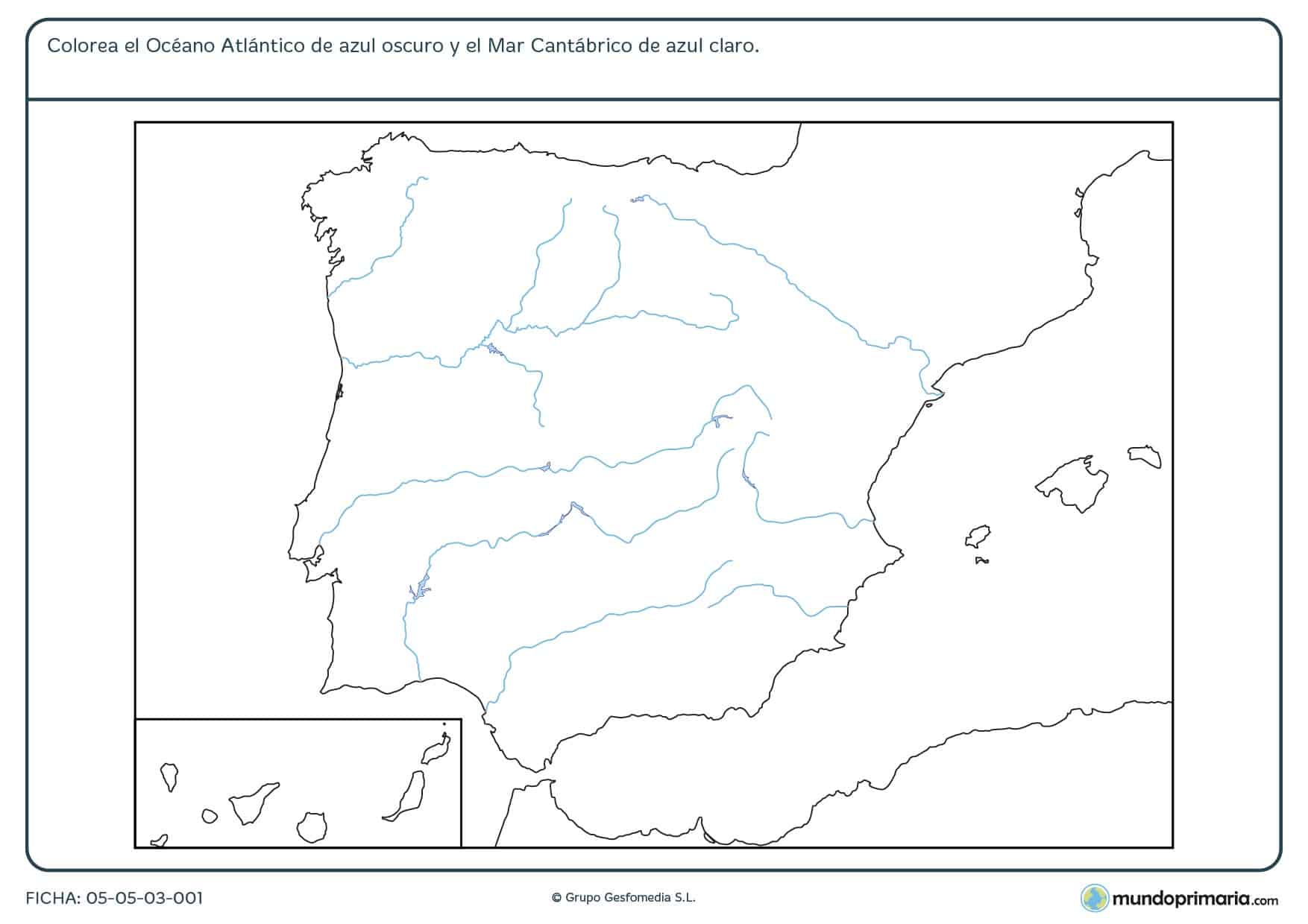 Ficha de océano y mares de la Península Ibérica en la que hay que colorear los que se nos piden del mapa.