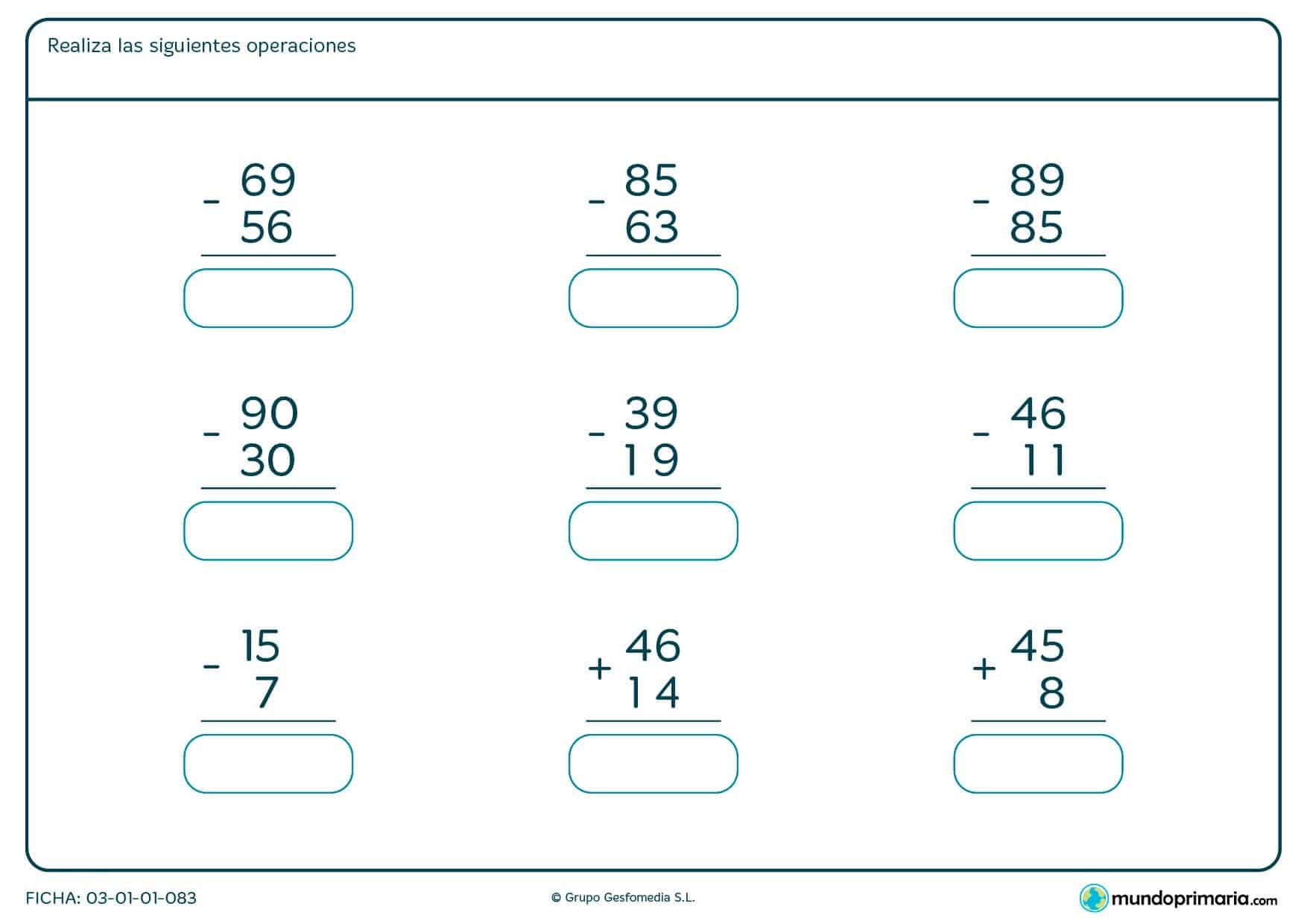 Ficha de operaciones de restar para niños de primaria para realizar sobre la propia ficha.