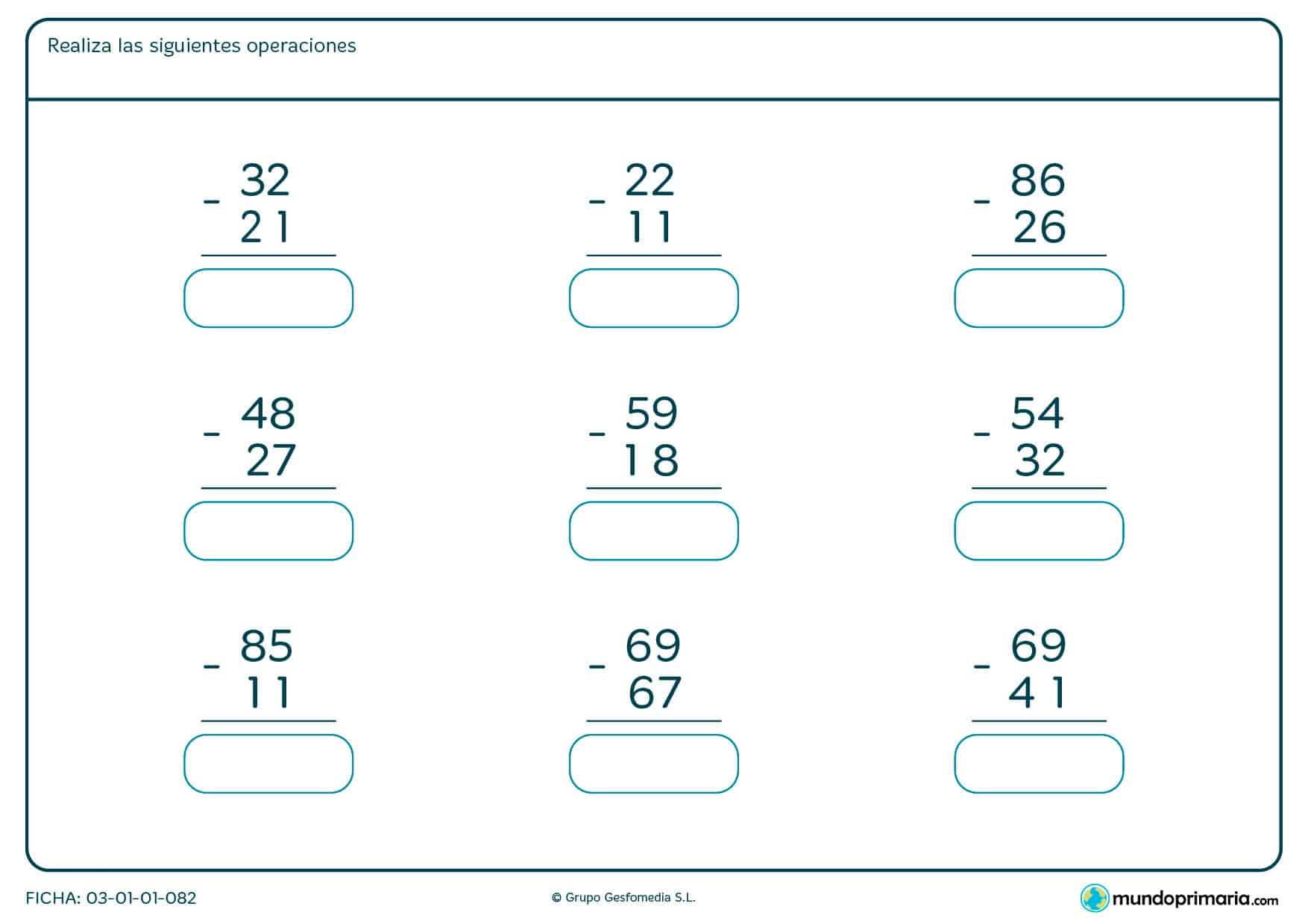 Ficha de operaciones de restas de 2 cifras en las que deberás escribir los resultados en las casillas en blanco.