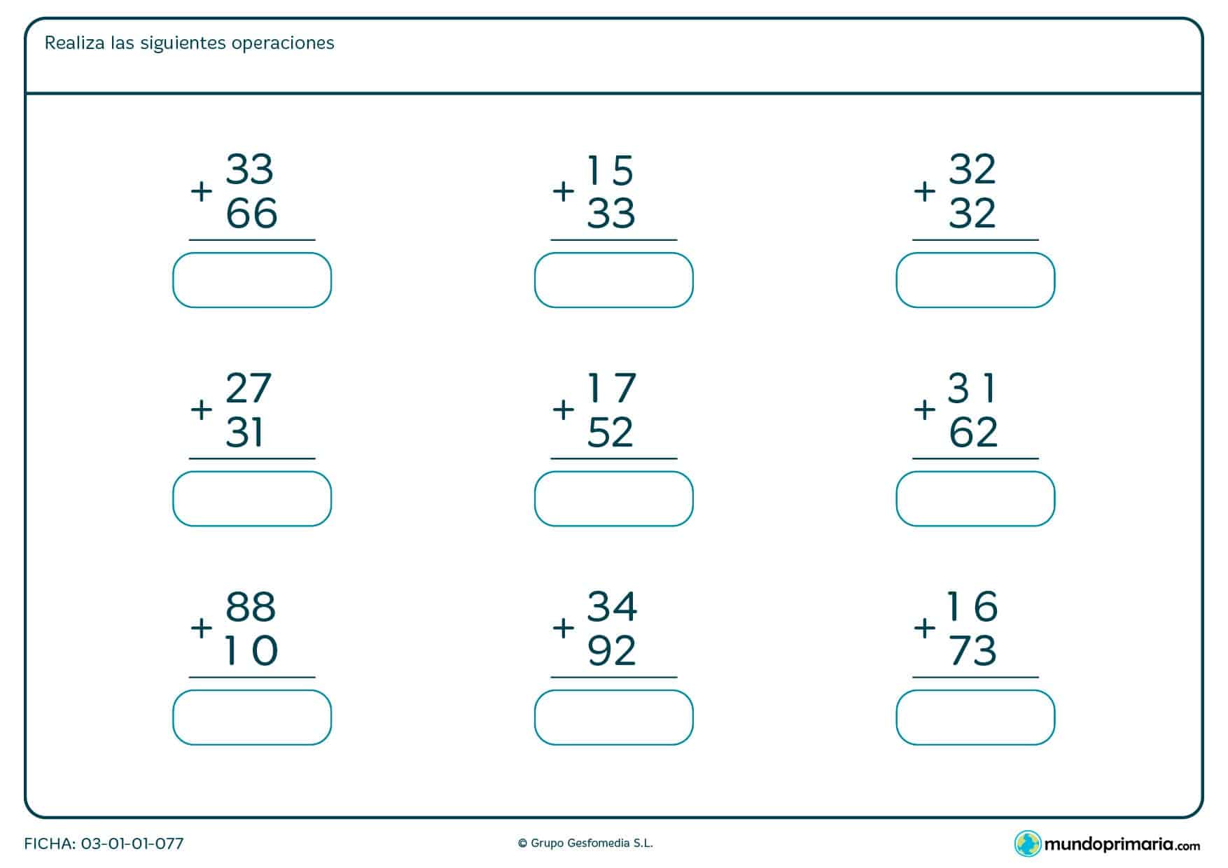 Ficha de operaciones de sumar para niños de primaria para realizar sobre la propia ficha.