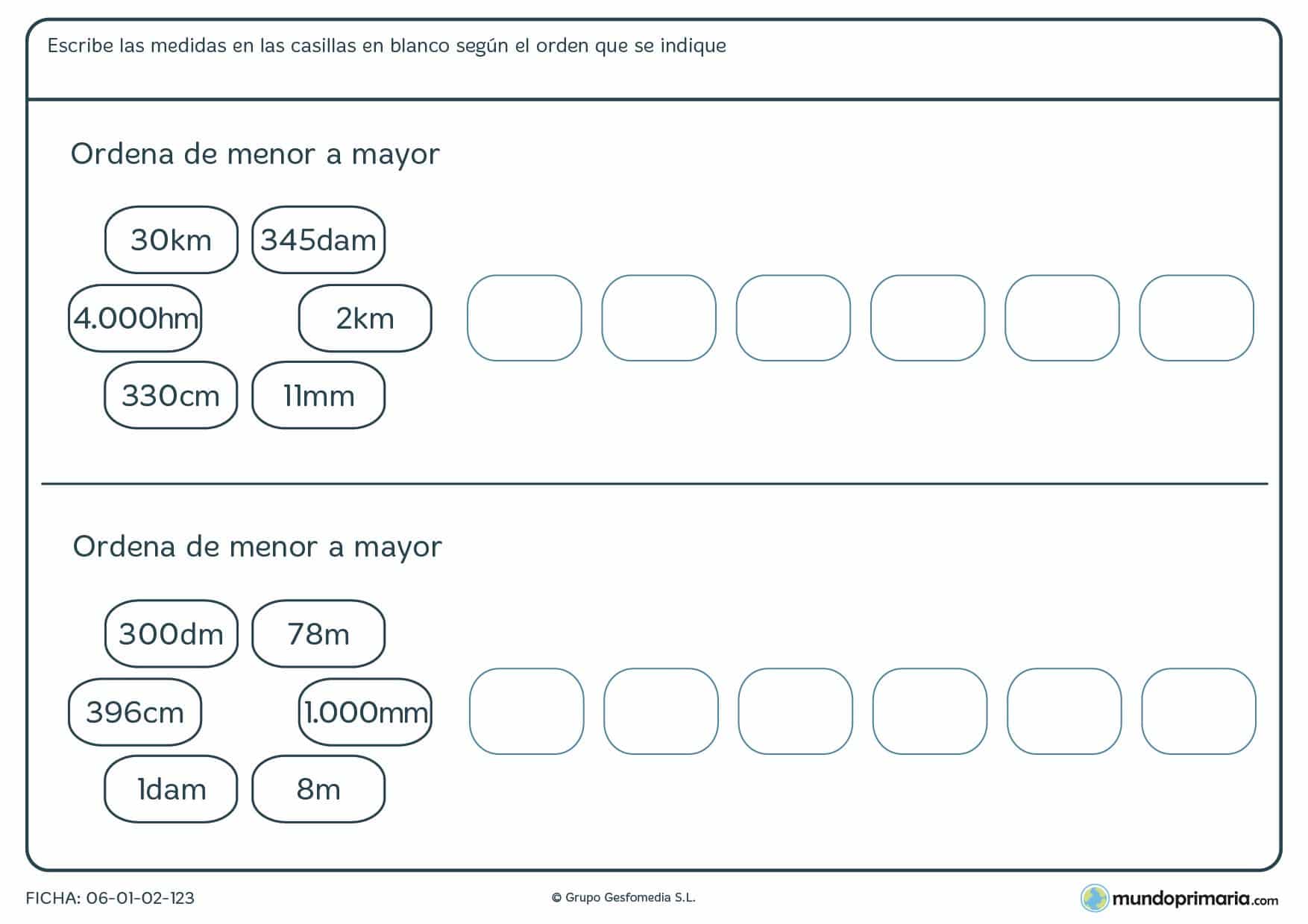 Ficha de orden de medidas de menor a mayor según sus equivalencias.