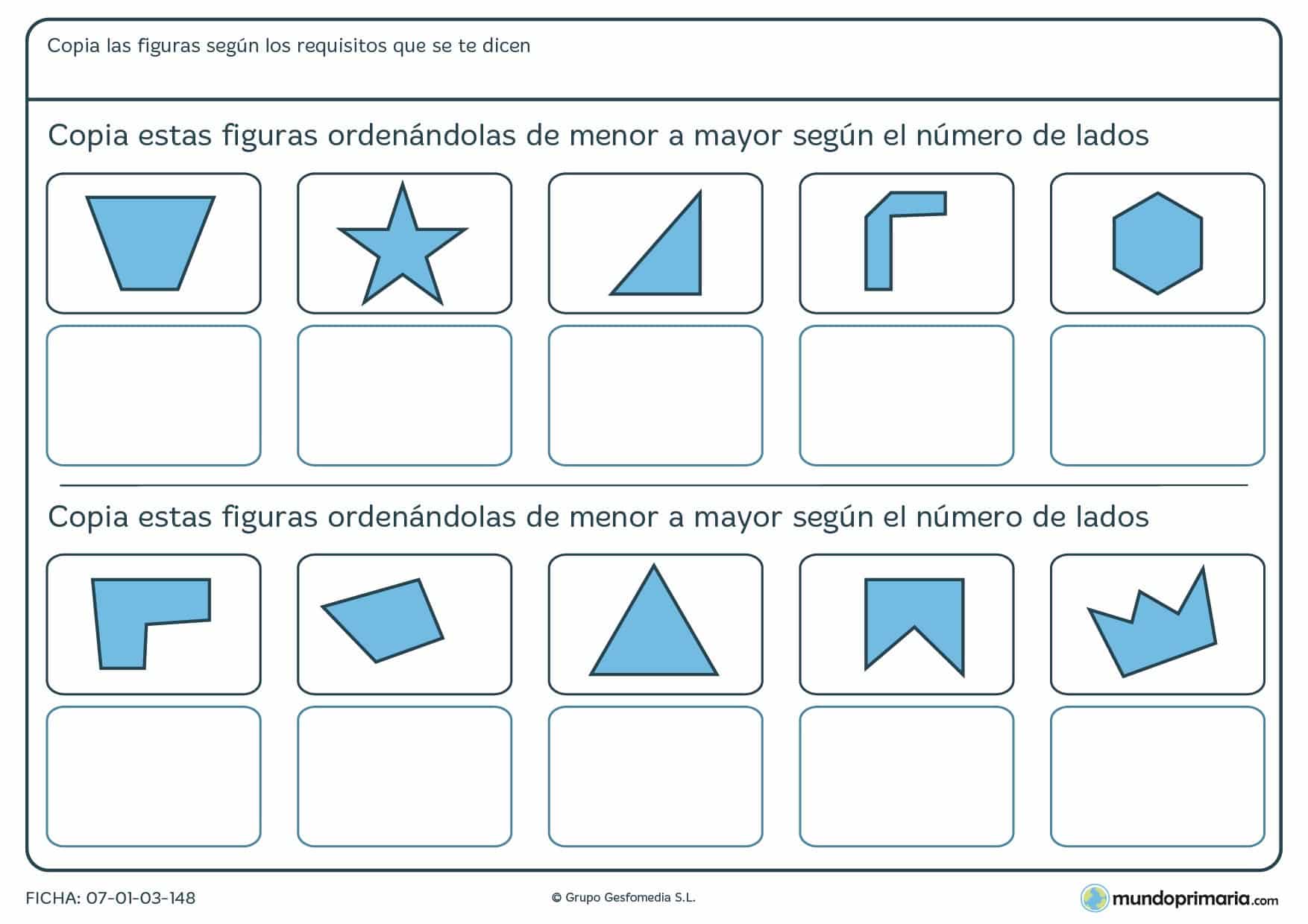 Ficha de ordenar menos lados o más de figuras geométricas según se pide.