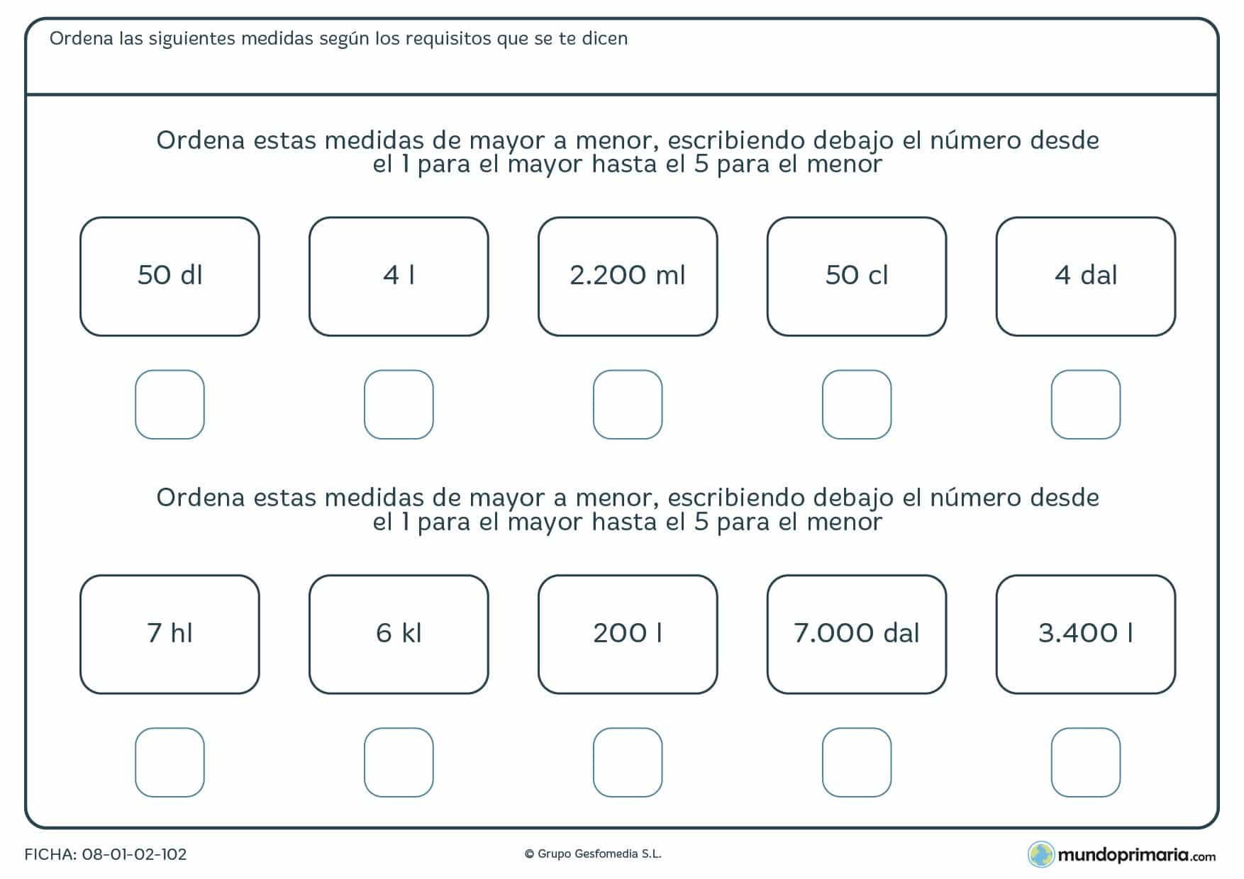 Ficha de ordenar capacidades en litros y otras unidades de mayor a menor capacidad.