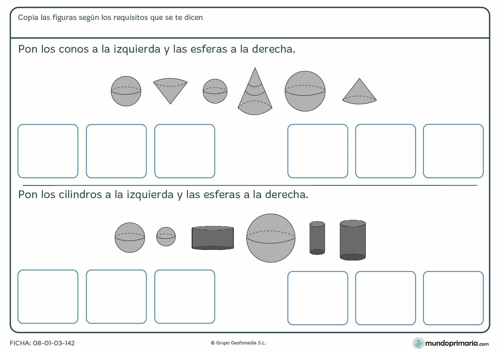 Ficha de ordenar cilindros, conos y esferas en el orden que se indica en el enunciado.