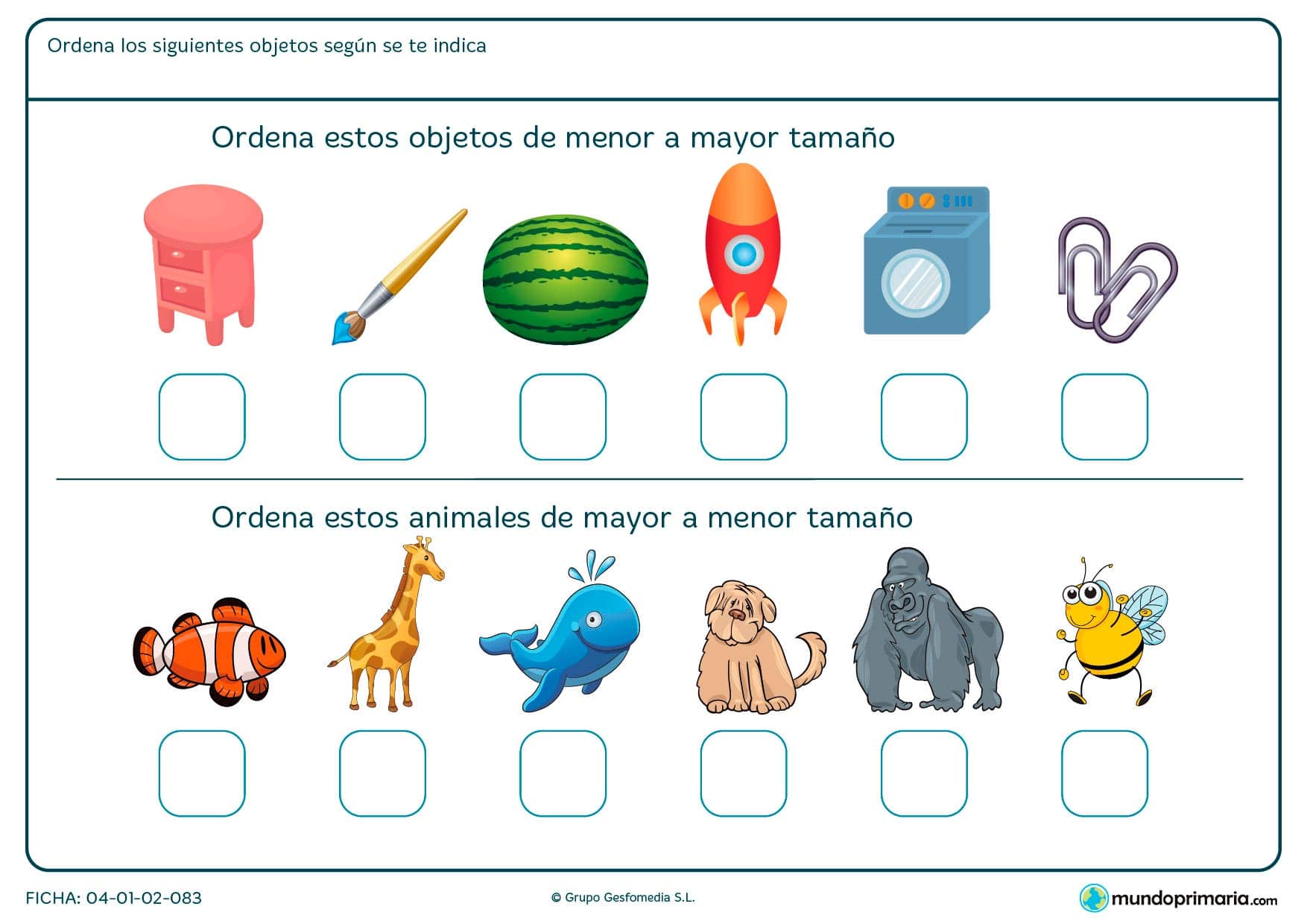 Ficha de ordenar de menor a mayor o de mayor a menor objeto o animales.