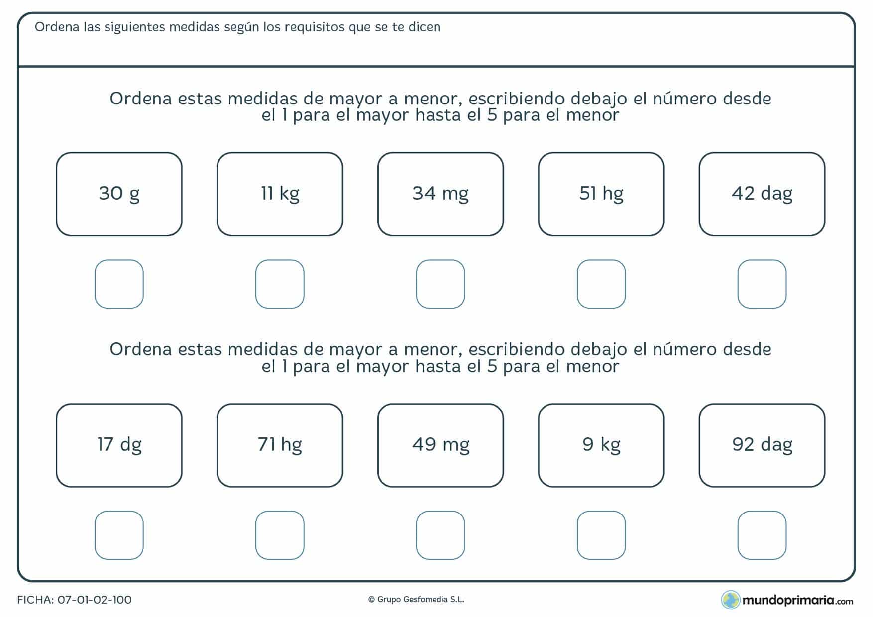 Ficha de ordenar en gramos de mayor a menor peso marcando las casillas con números del 1 al 5.
