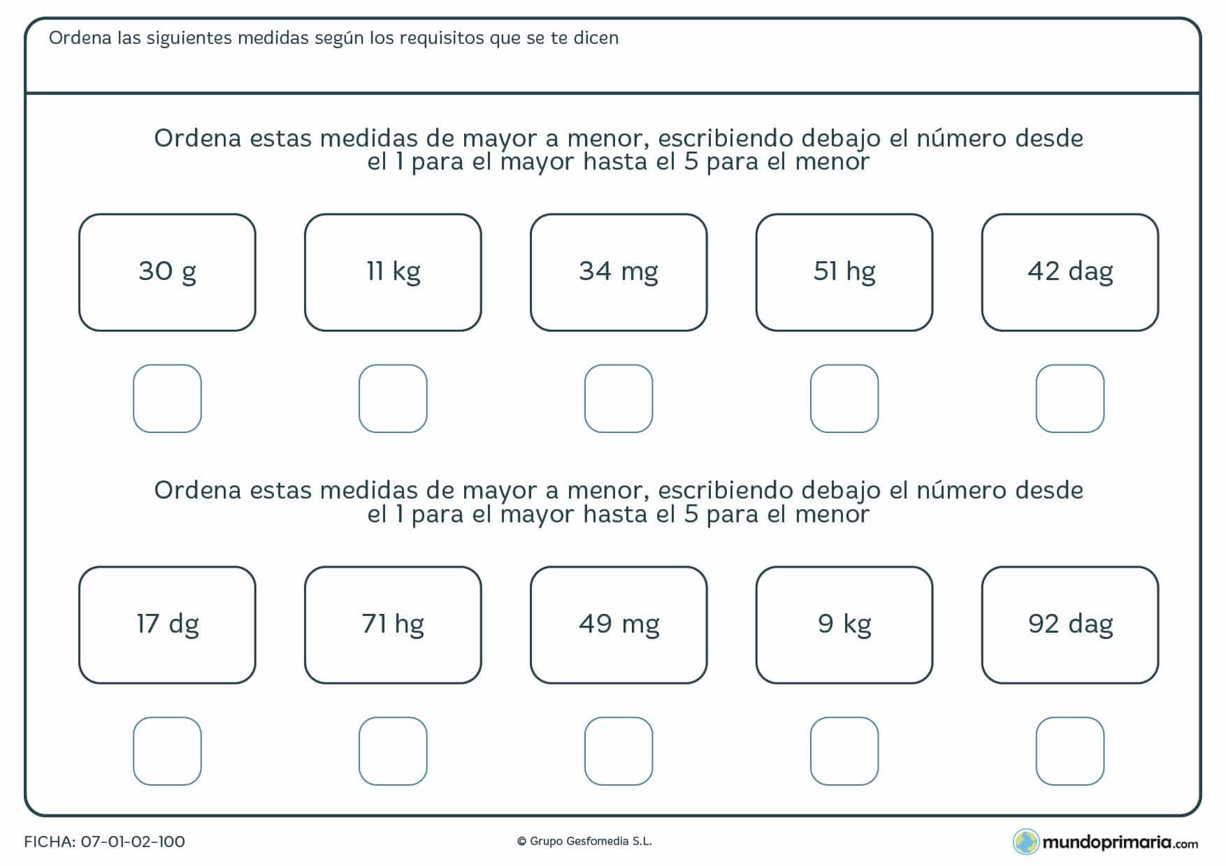 Ficha de ordenar en gramos de mayor a menor peso marcando las casillas con números del 1 al 5.