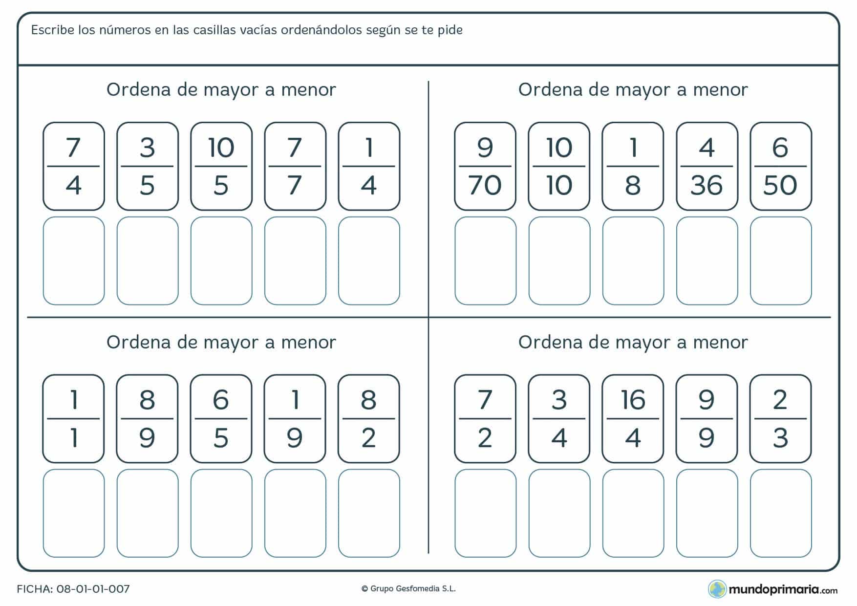 Ficha de ordenar fracciones de mayor a menor en las casillas vacías de contenido.