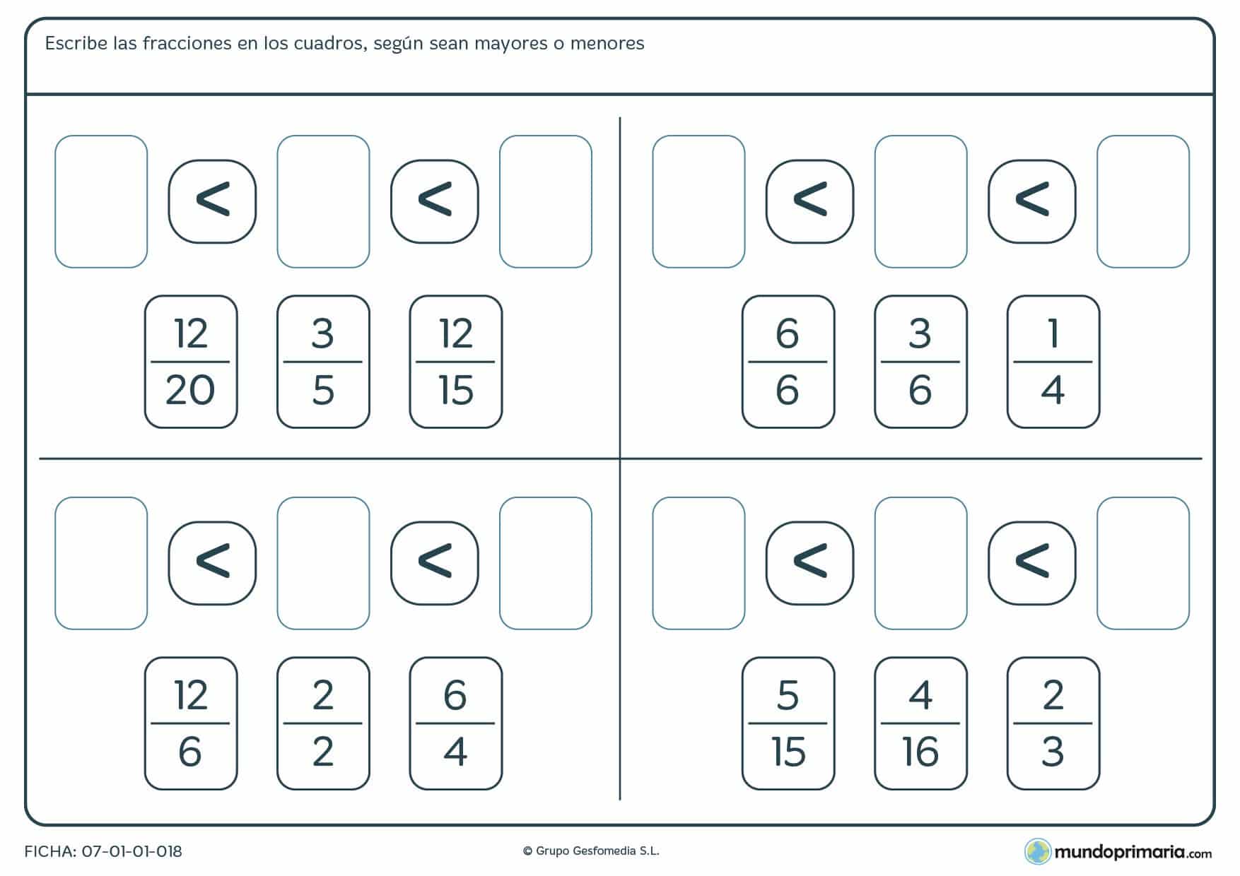 Ficha de ordena fracciones de menor a mayor rellenando los huecos en blanco.