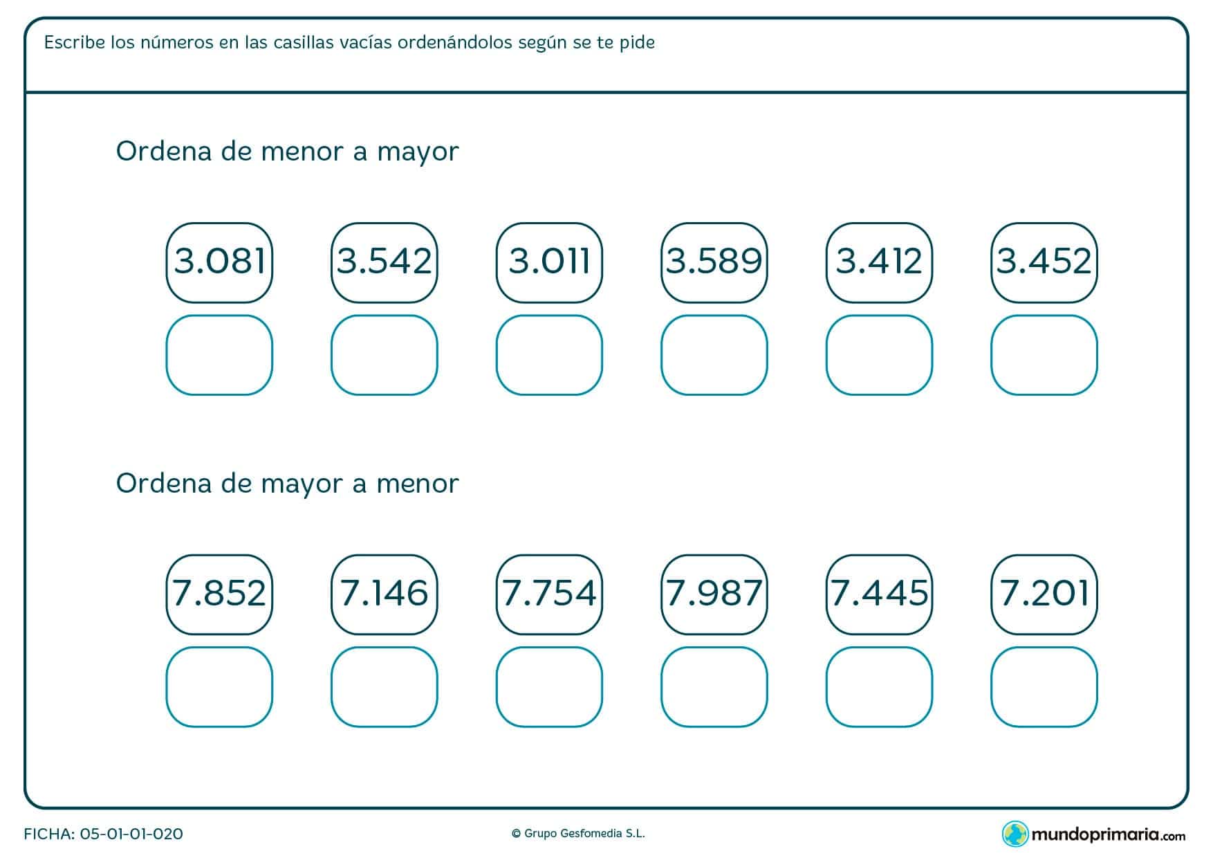Ficha de ordenar hasta el mayor para primaria mundo primaria