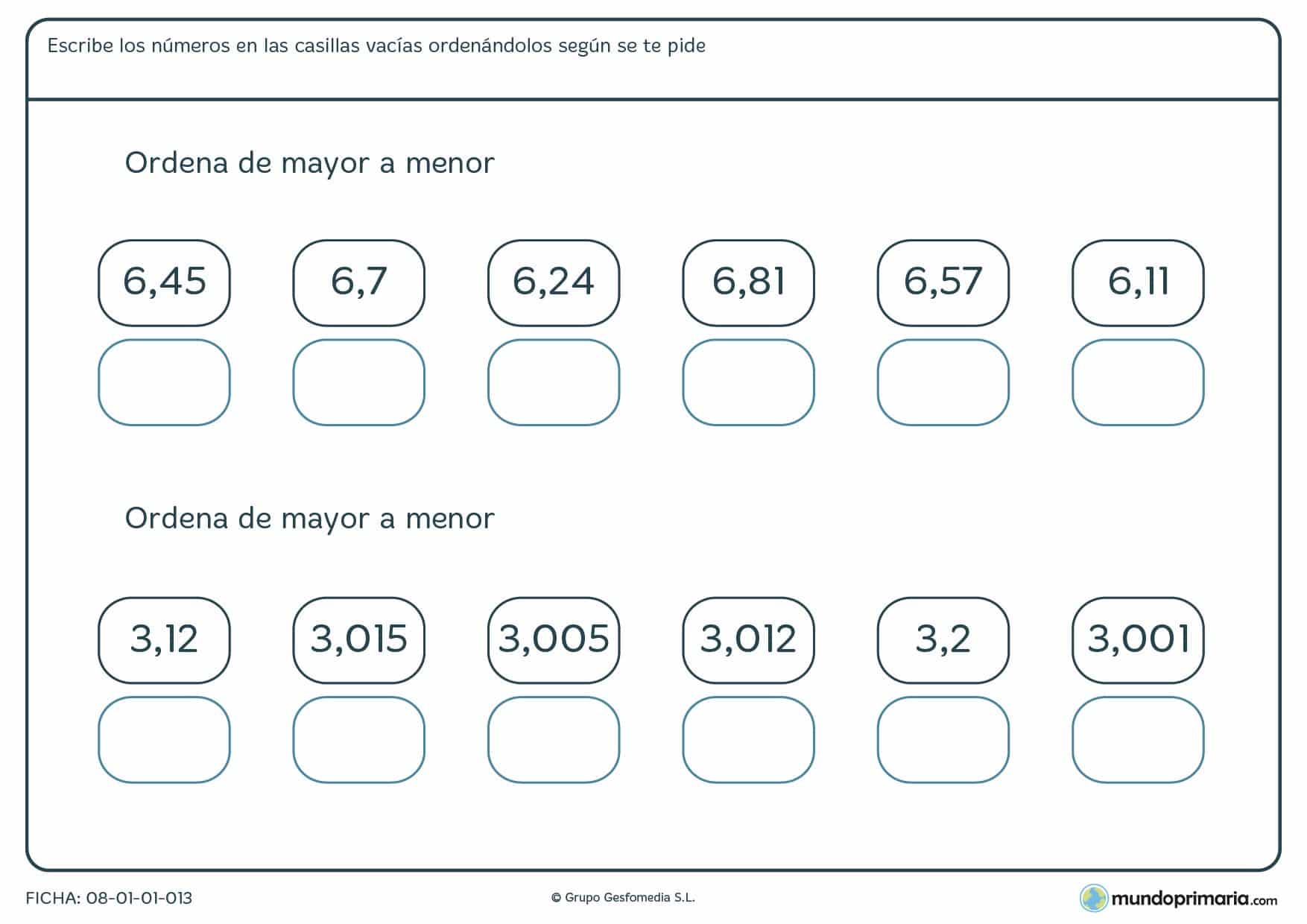 Ficha de ordenar números con decimales en el orden que se te pida y de manera correcta.