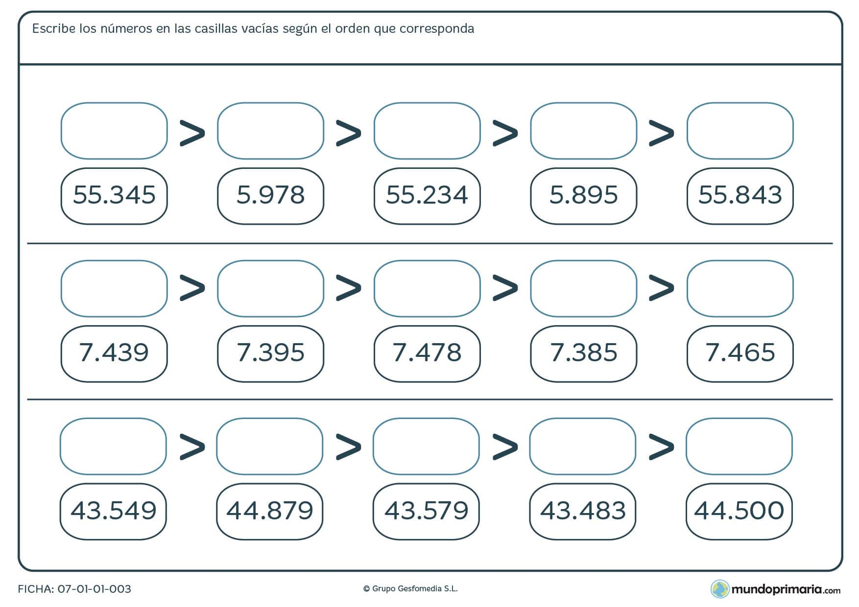Ficha de ordenar números de 5 cifras completando los huecos en blanco de mayor a menor.