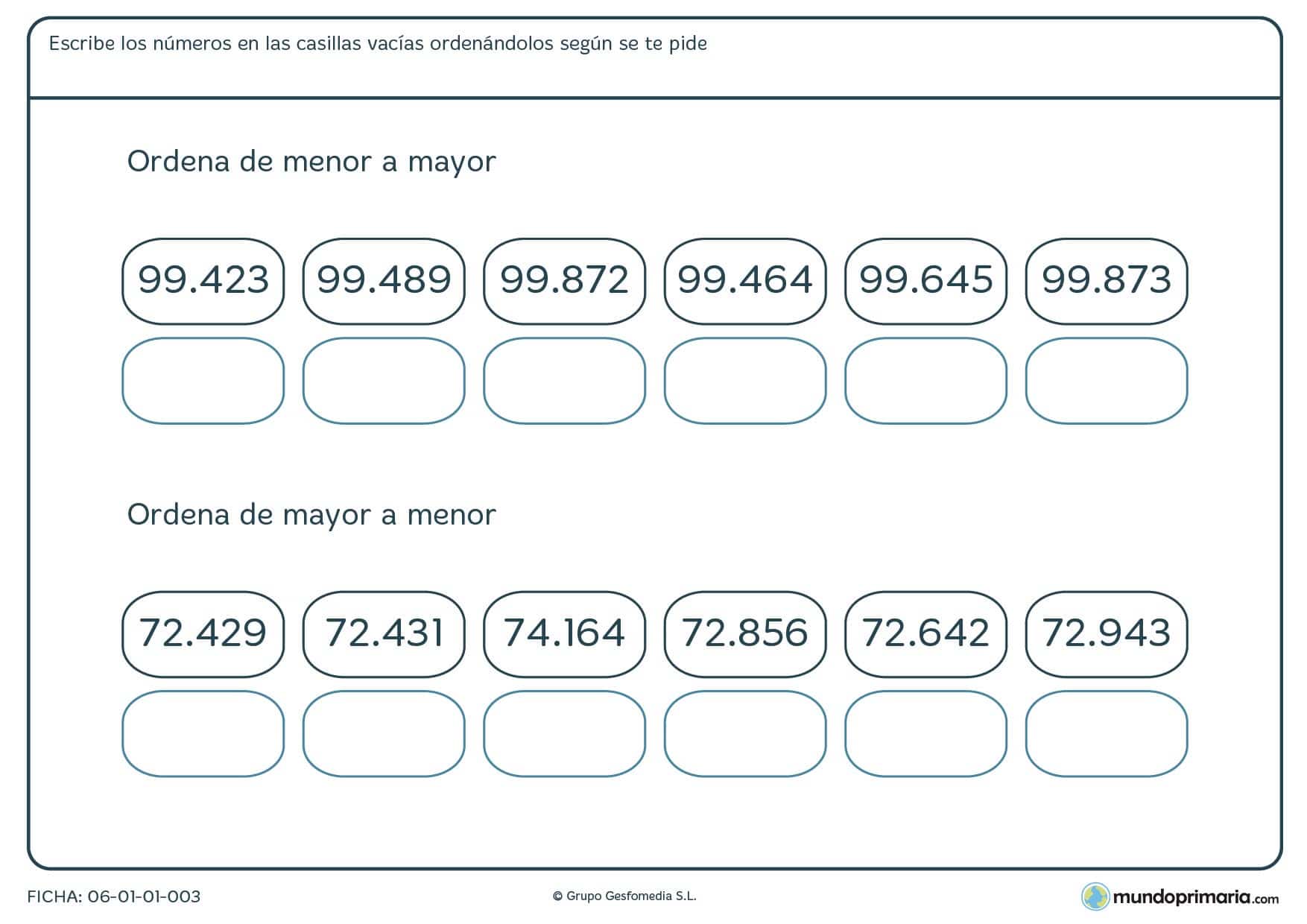 Ficha de ordenar números de 5 cifras para primaria