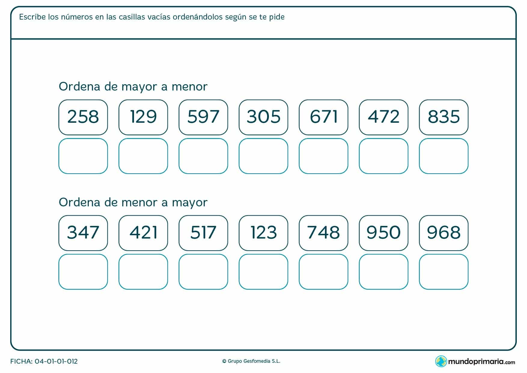 Ficha de ordenar números de mayor a menor o viceversa escribiéndolos en orden en las casillas vacías.