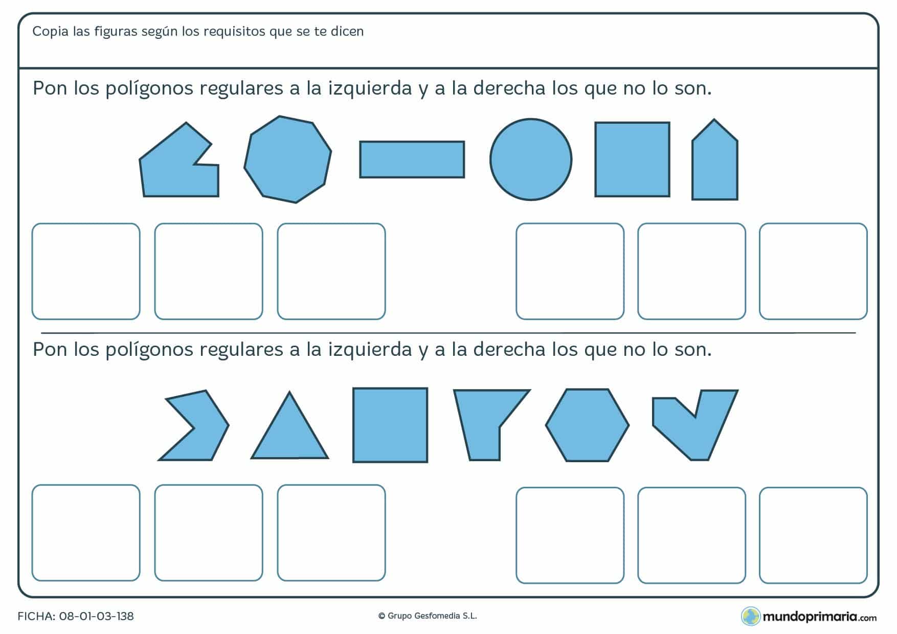 Ficha de ordenar polígonos regulares en la que tienes que poner los regulares en un lado y los que no lo son en otro.