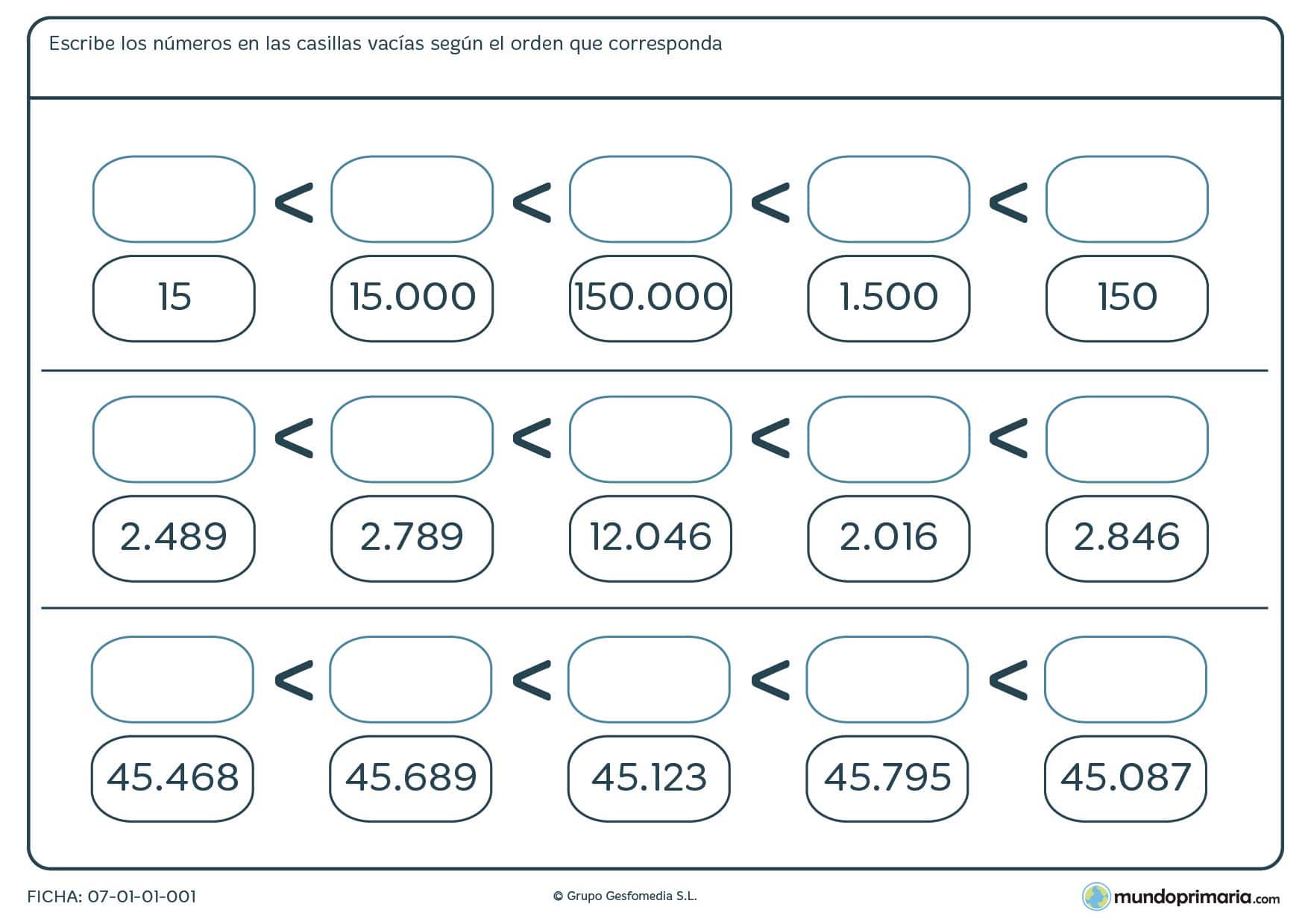 Ficha de organizar números de menor a mayor escribiendo las cantidades en las casillas en blanco.
