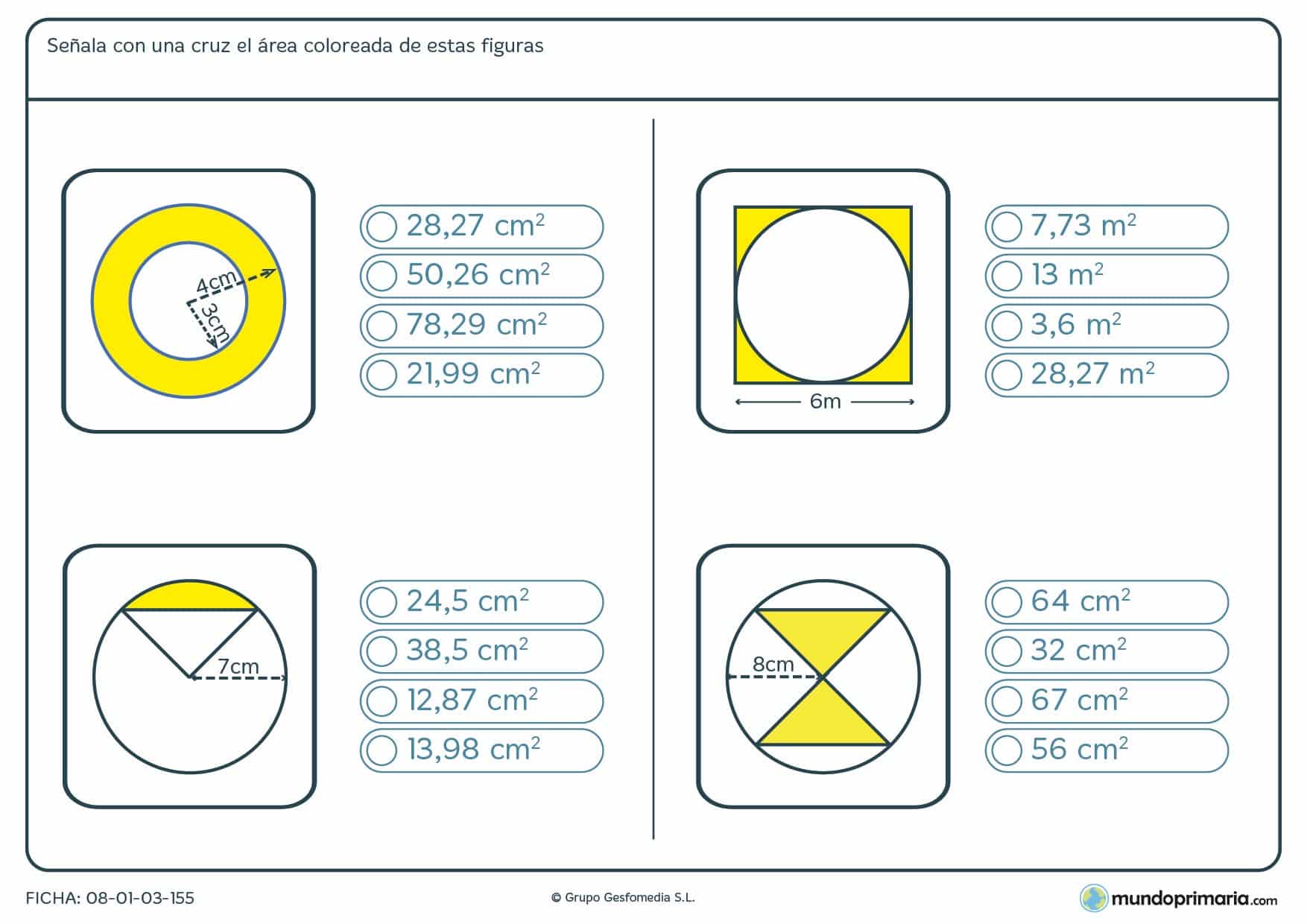 Ficha de partes de áreas de un círculo teniendo en cuenta los datos proporcionados en la ficha.