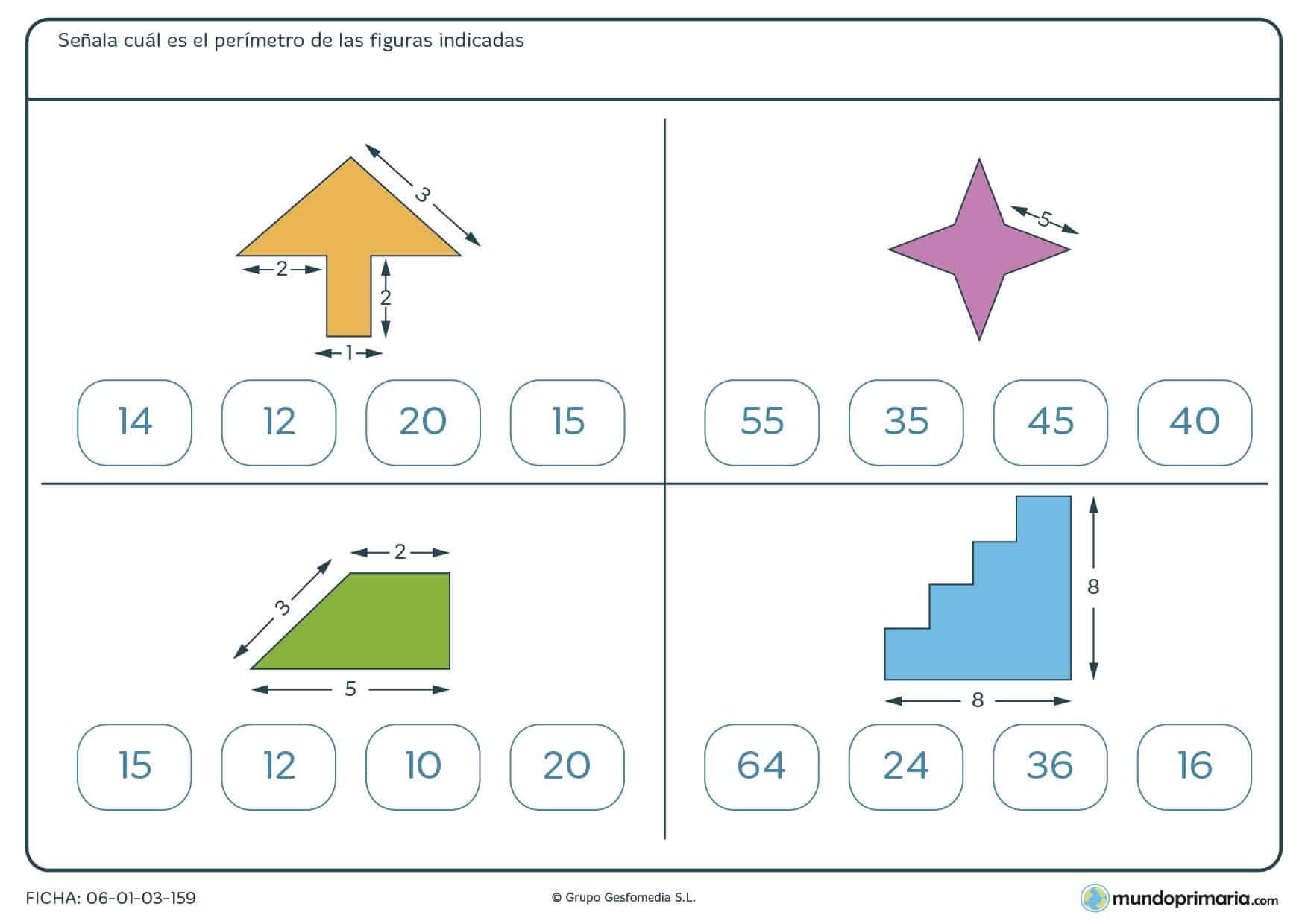 Ficha de perímetro de figuras en la que deberás señalar el perímetro correcto entre los que te damos.