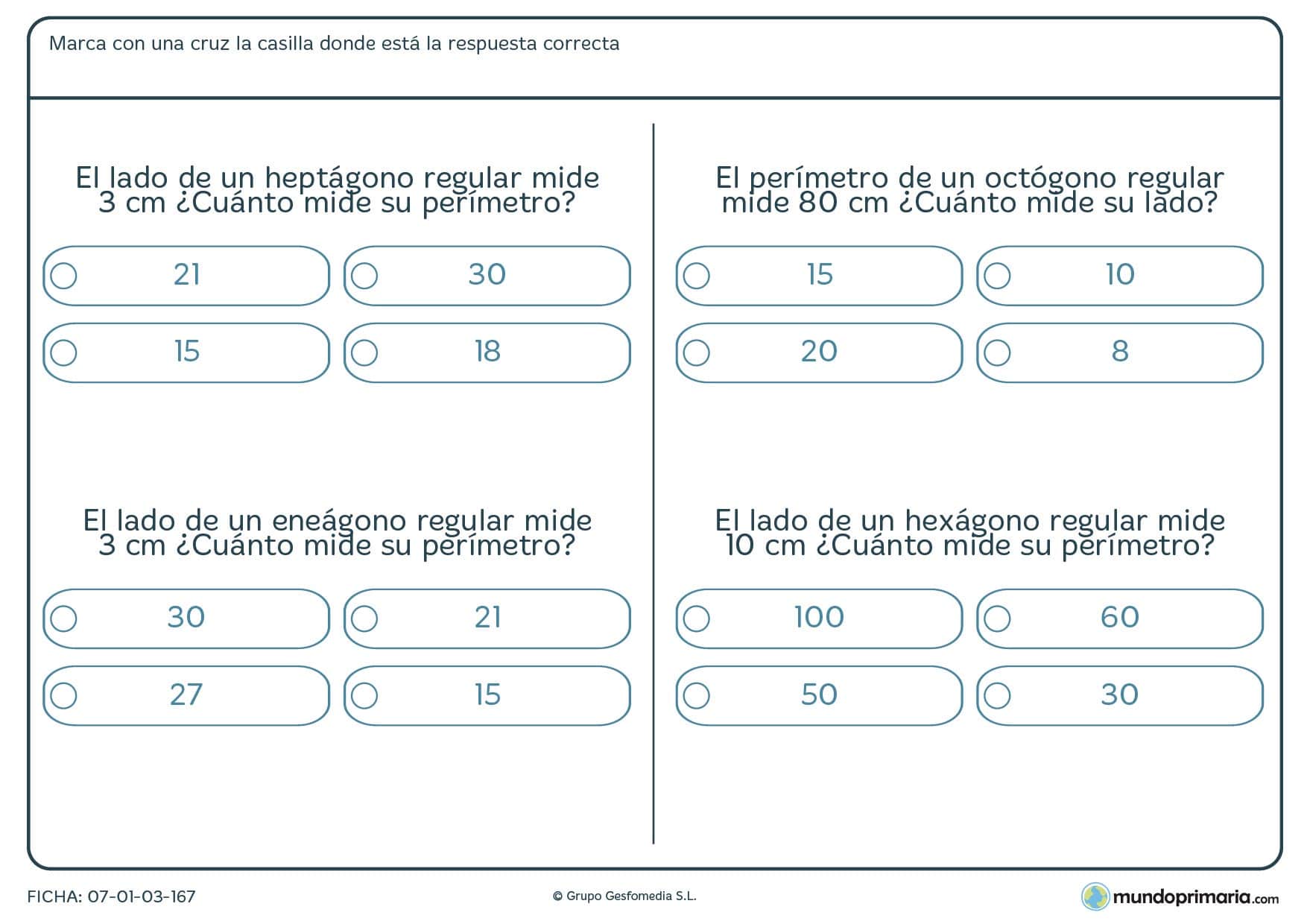 Ficha de perímetro eneágono en el que tendrás que hallar varios perímetros de varias figuras sabiendo sus lados.