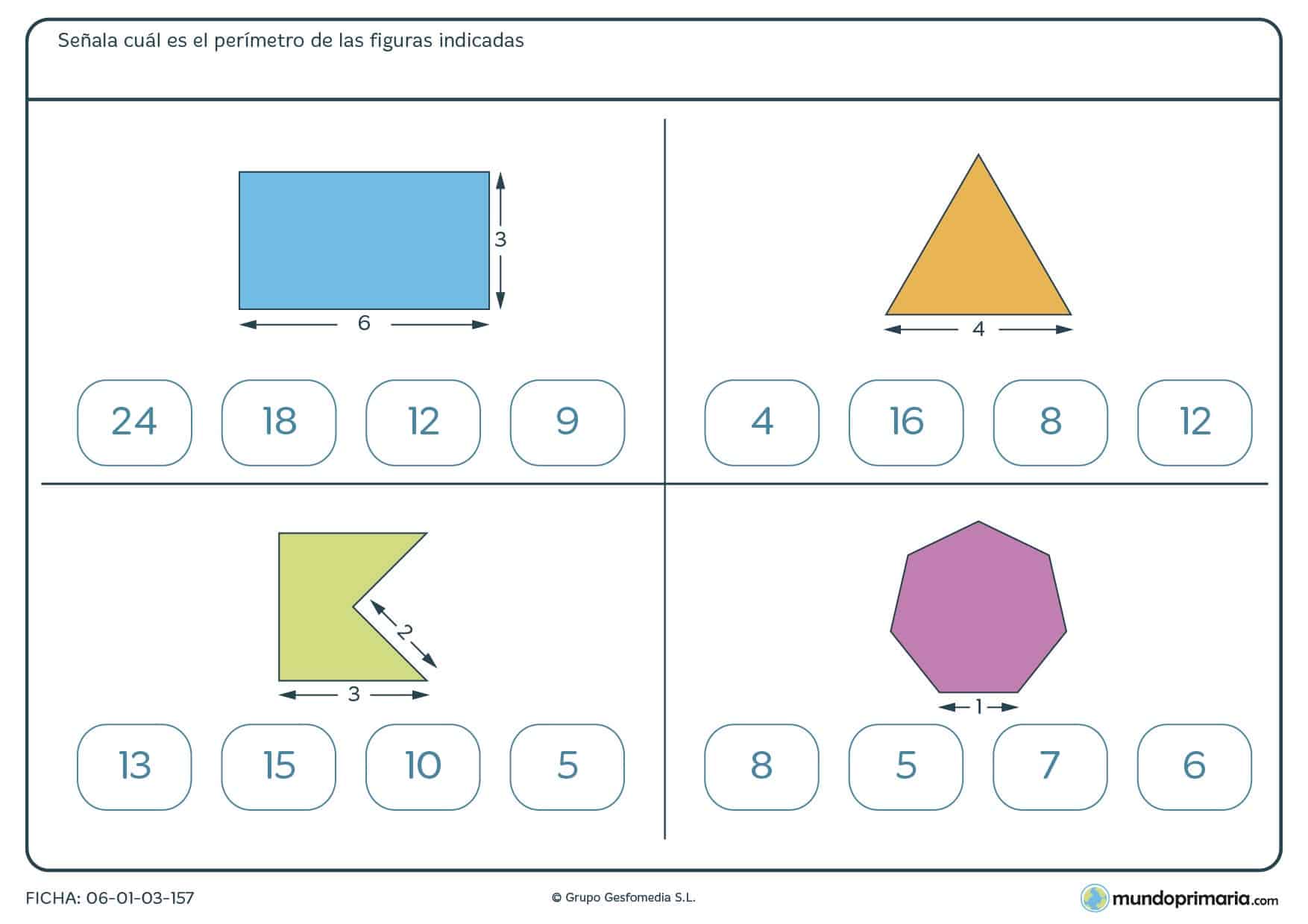 Ficha de perímetros en la que te damos 4 figuras y tienes que calcular el perímetro de cada una.