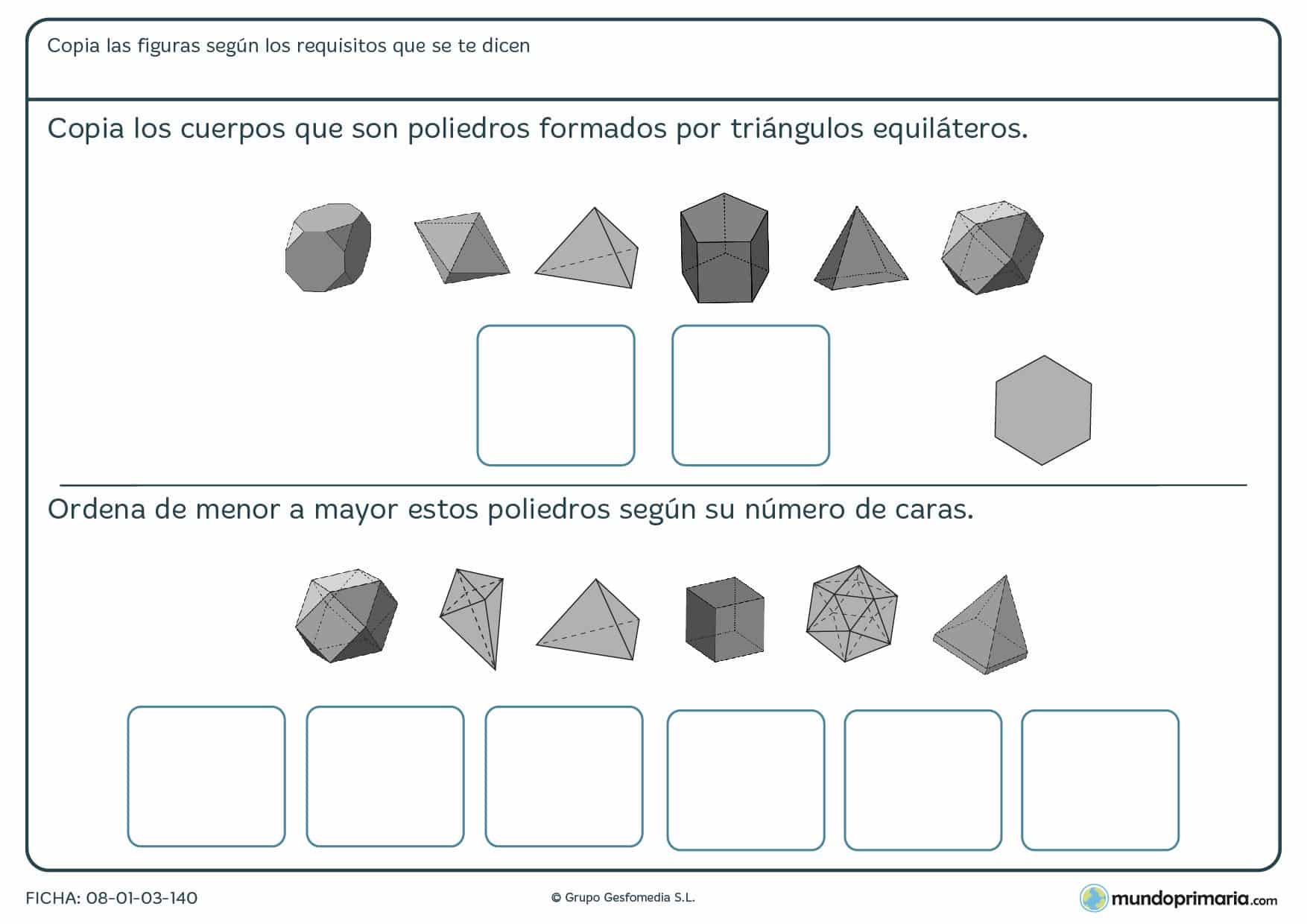 Ficha de poliedros triangulares en los que debes buscar los que tengan sus caras de equilateros.